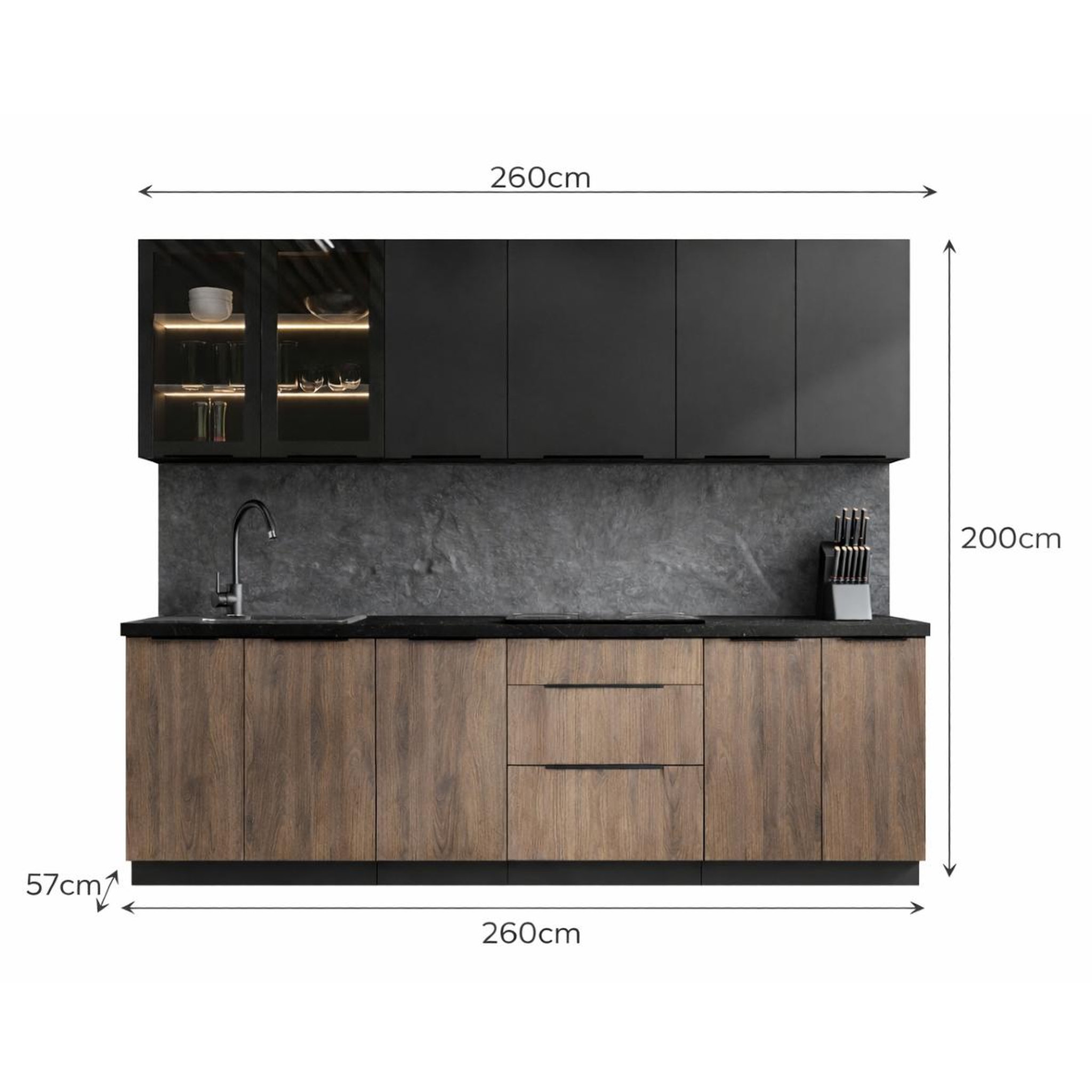 Voir la diapositive 5 : JLC KREATION Cuisine complète moderne bois et noir 260cm MAO