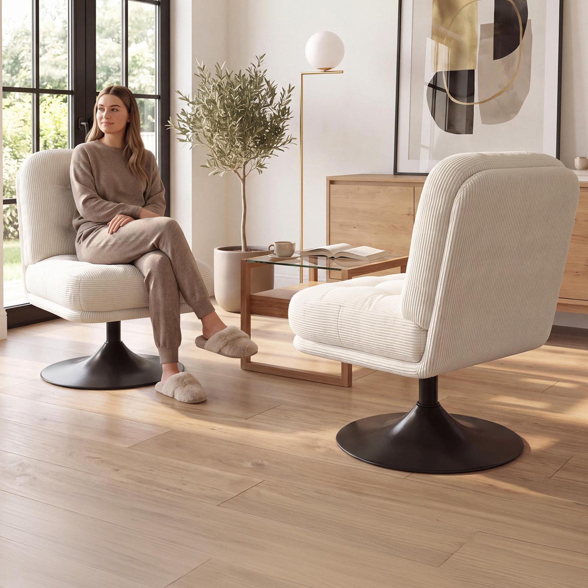 Voir la diapositive 6 : ID MARKET Fauteuil pivotant ALFRED en velours côtelé beige pied tulipe métal noir