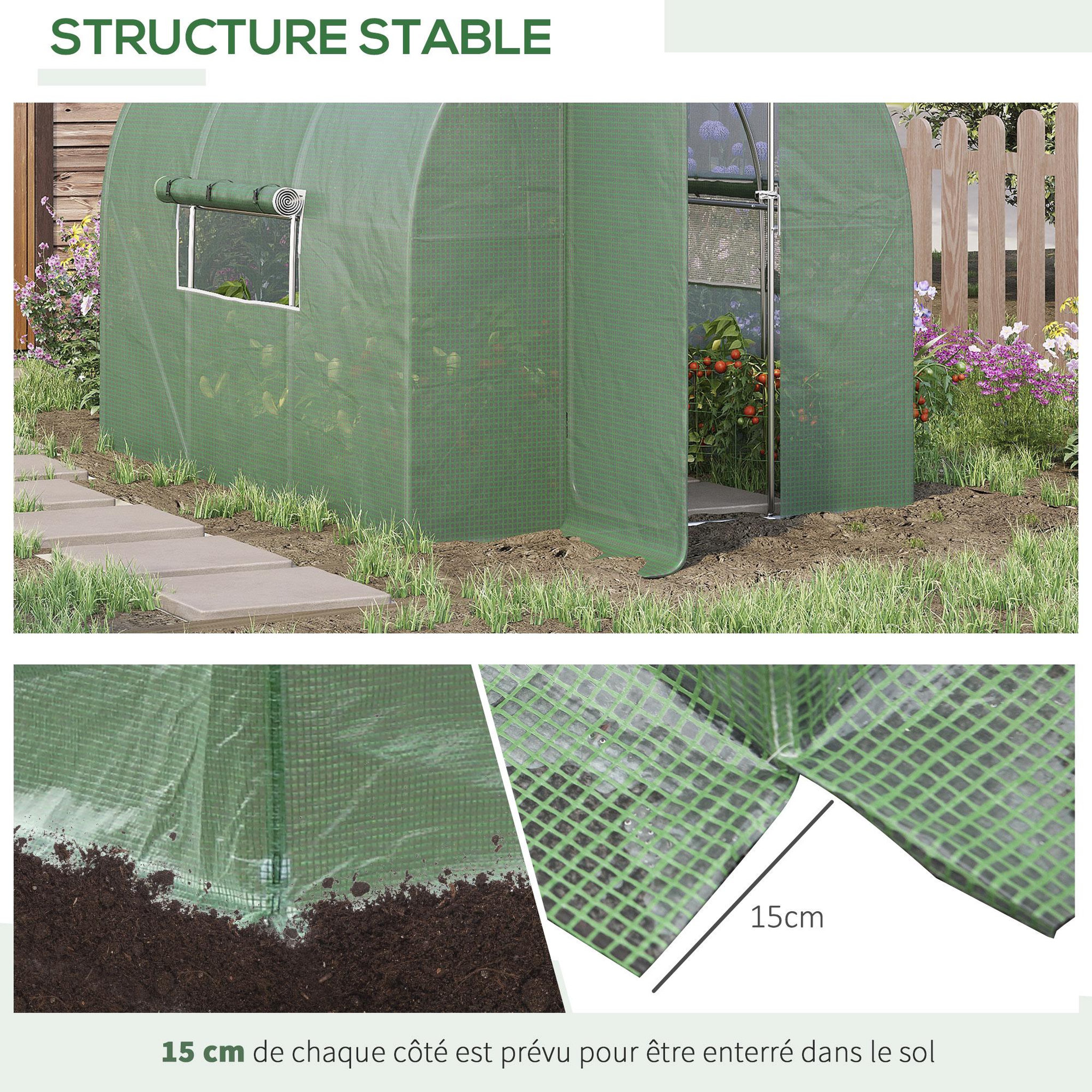 Voir la diapositive 5 : OUTSUNNY Serre de jardin tunnel 6 m² acier galvanisé renforcé diamètre 2,5 cm + pe haute densité fenêtres porte vert