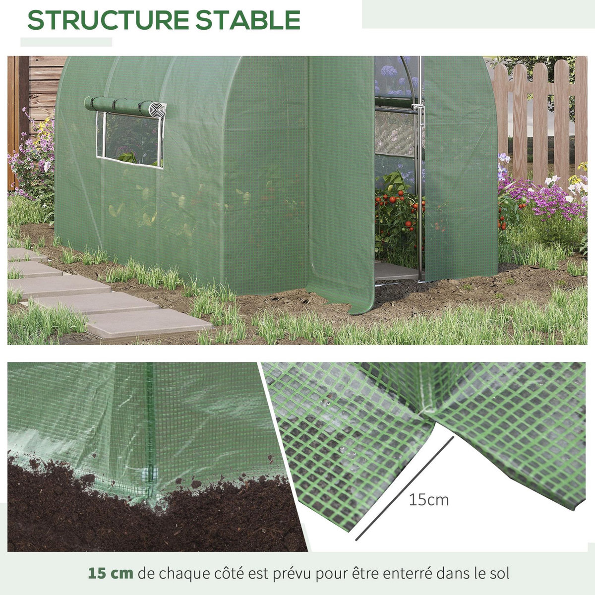 OUTSUNNY Serre de Jardin Tunnel 6 m² Acier galvanisé renforcé diamètre 2,5 cm + PE Haute densité fenêtres Porte Vert
