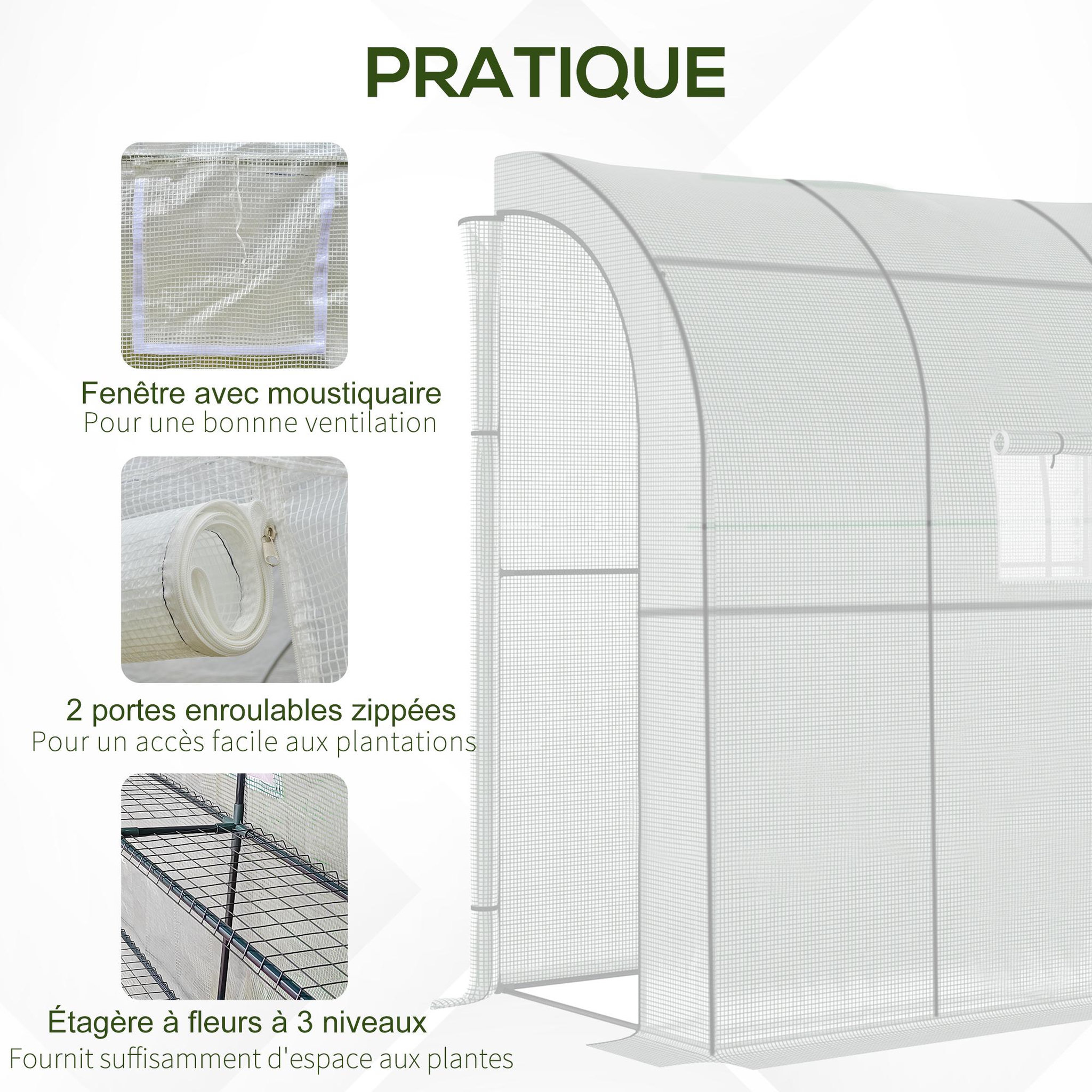 Voir la diapositive 6 : OUTSUNNY Serre de jardin adossée serre adossée dim. 2l x 1l x 2,13h m 4 étagères 2 portes zippées 1 fenêtre acier pe haute densité blanc