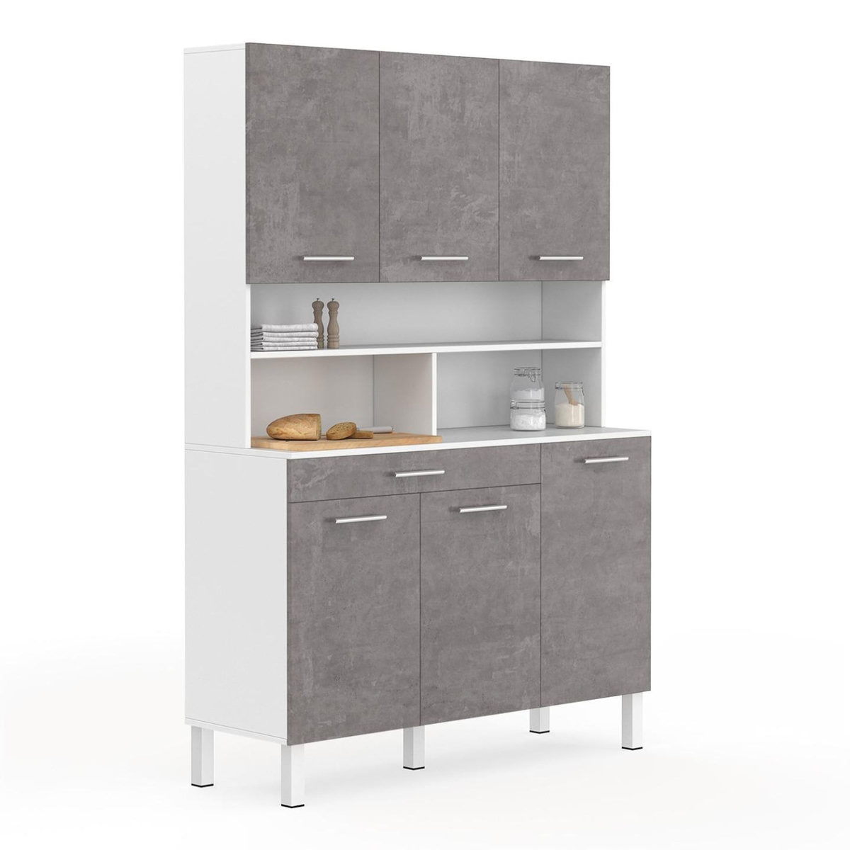 ID MARKET Buffet de cuisine 120 CM CINA 6 portes + tiroir blanc et effet béton