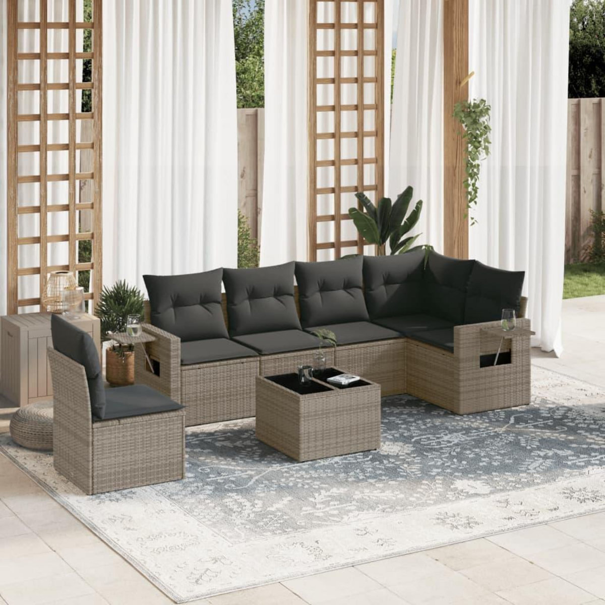 VIDAXL Salon de jardin avec coussins 7 pcs gris resine tressee