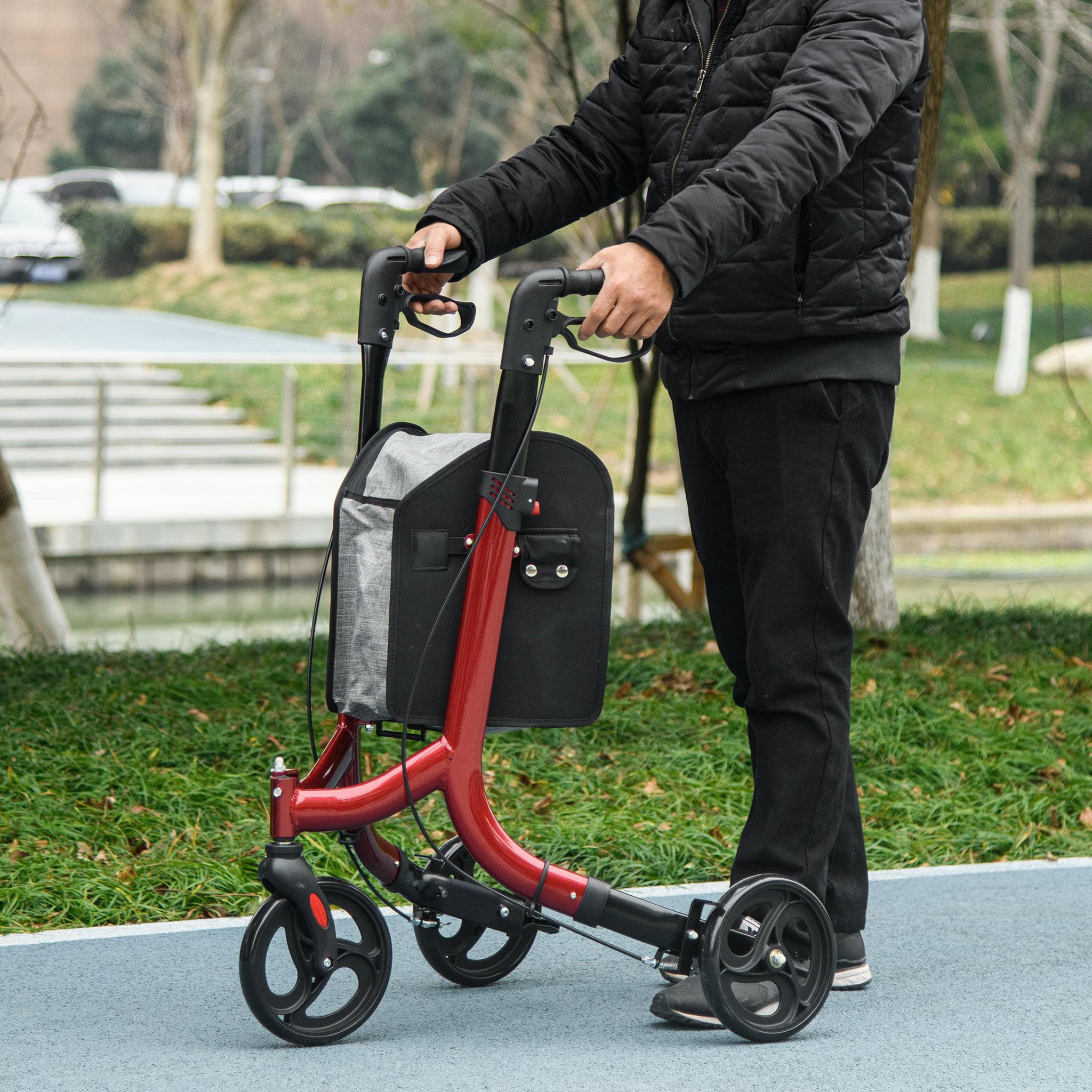 Voir la diapositive 2 : HOMCOM Déambulateur réglable pliable 3 roues frein double panier alu rouge
