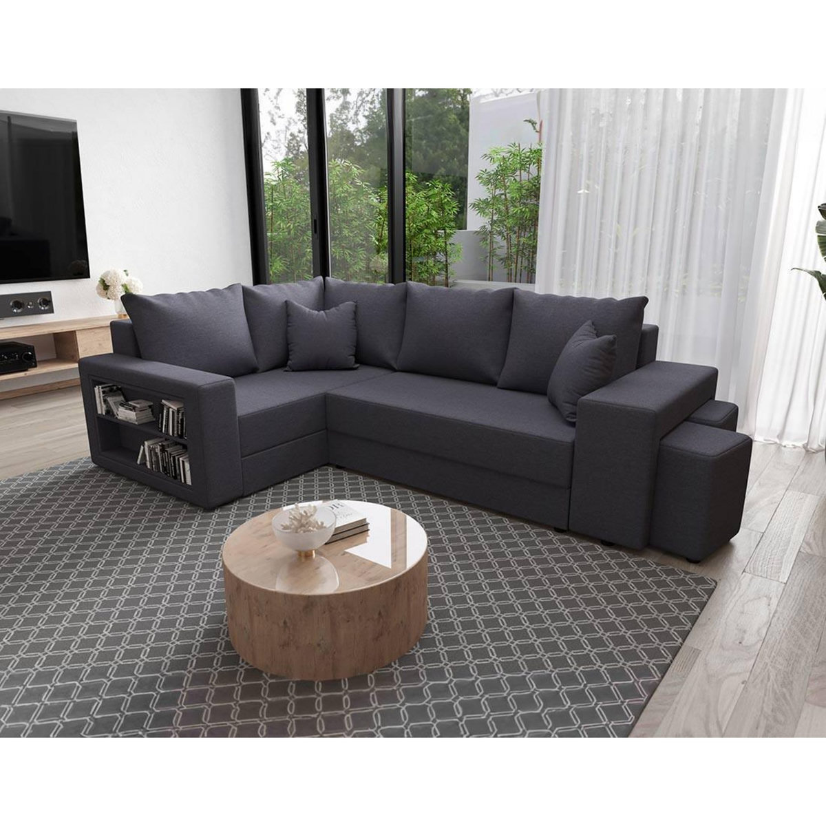 BEST MOBILIER Libbie - canapé d'angle gauche 4 places convertible avec coffre, étagère et poufs en tissu