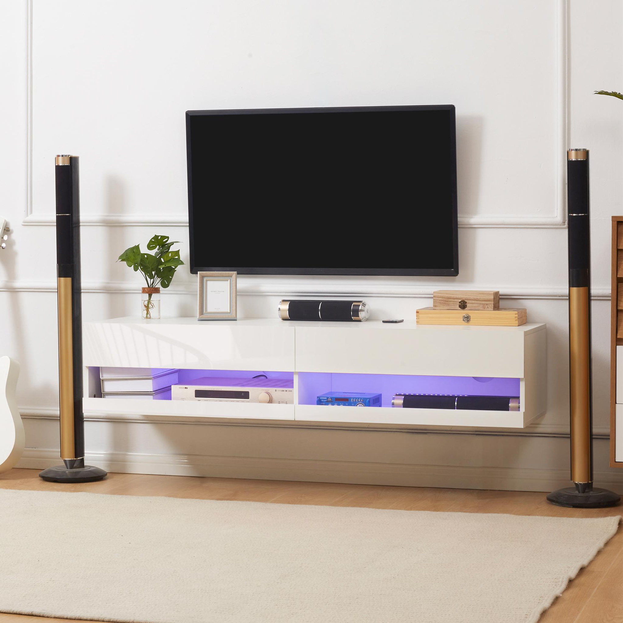 Voir la diapositive 2 : HOMCOM Meuble TV mural LED - banc TV flottant - 2 portes battantes - dim. 150L x 40l x 30H cm - blanc laqué