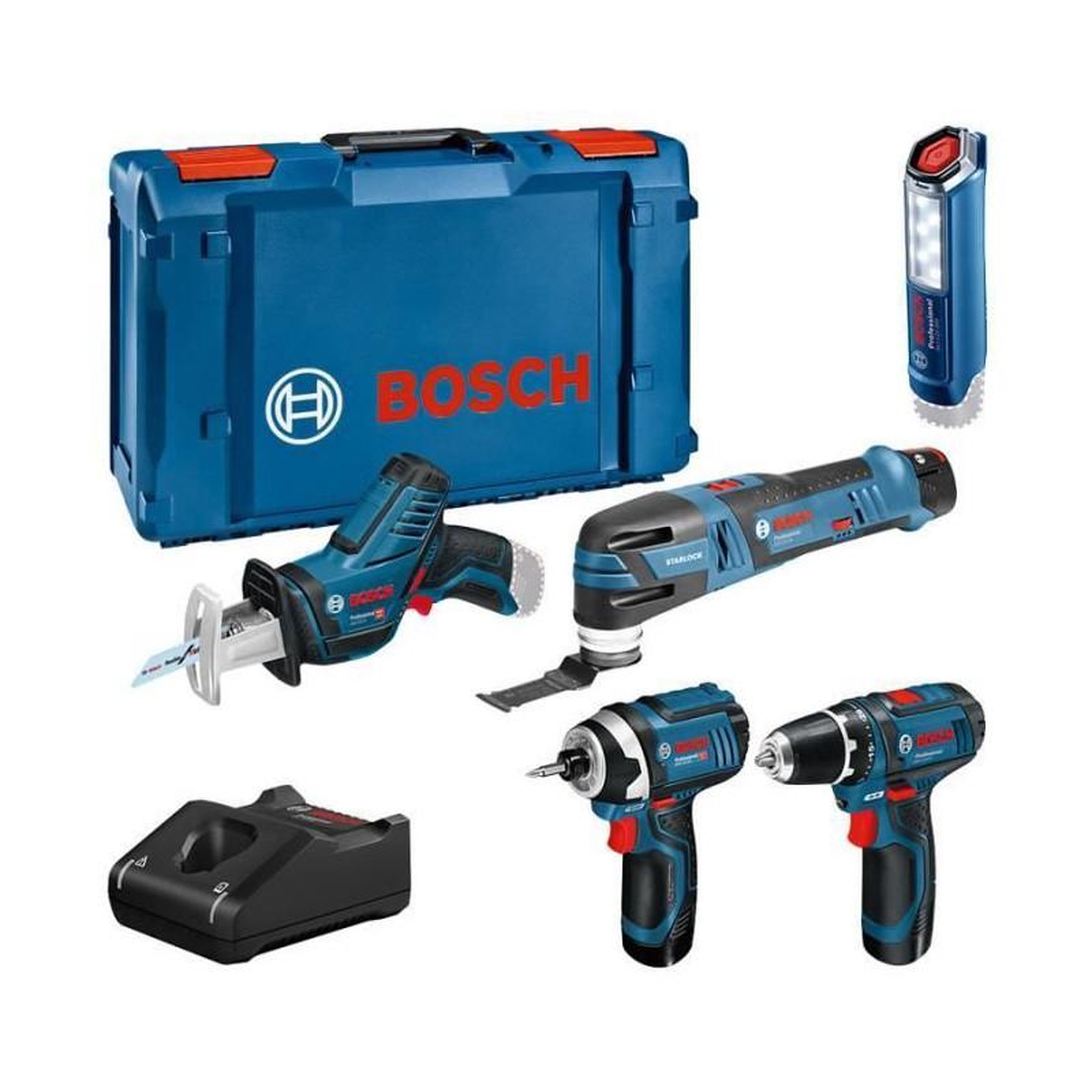 Bosch Professional KIT 5 OUTILS Bosch Professional : GSR 12V15 + GOP 12V28 + GDR 12V105 + GSA 12V14 + GLI 12V300 + 3x2,0Ah + Chargeur,XLBoxx-061599
