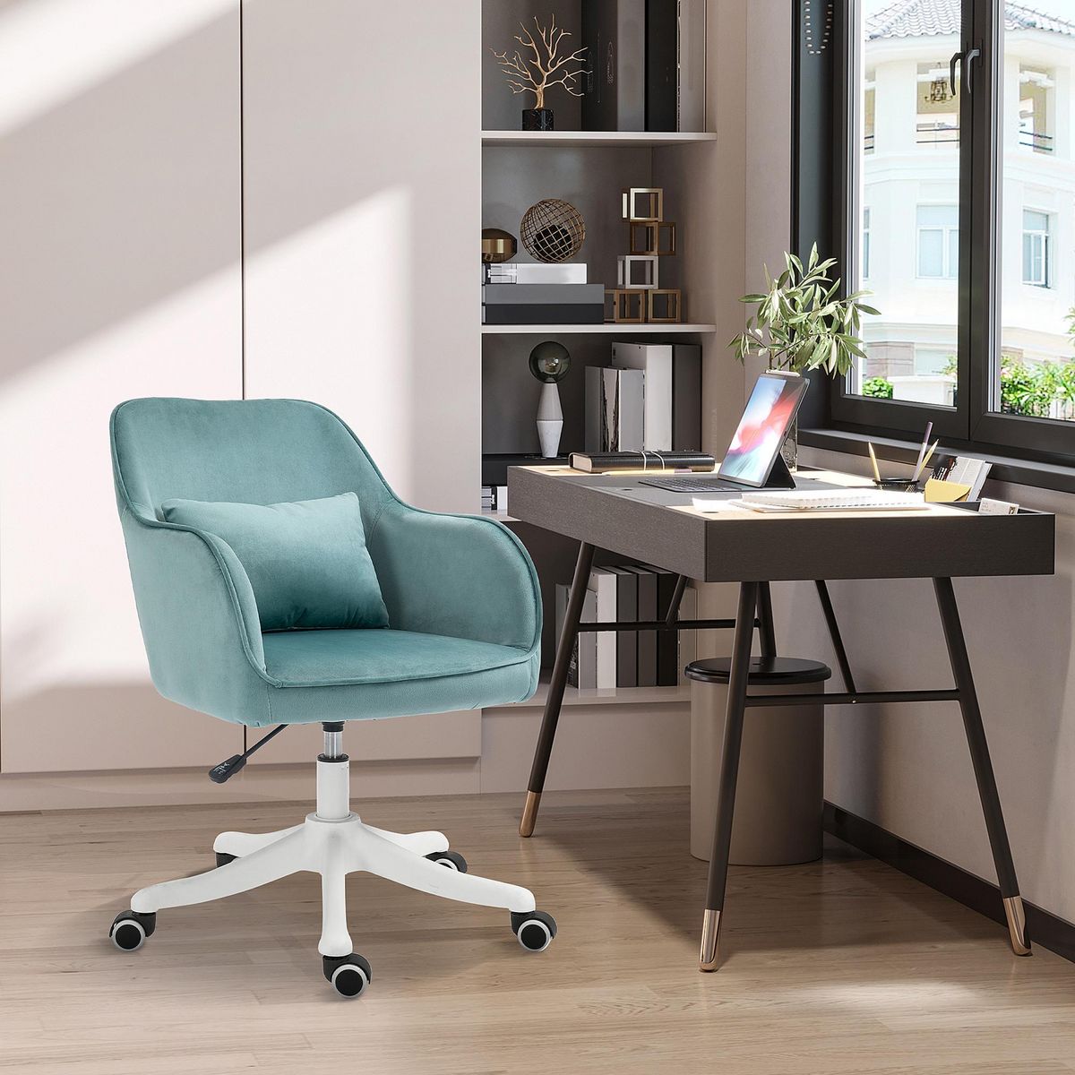 HOMCOM Chaise de bureau velours fauteuil bureau massant coussin lombaire intégré hauteur réglable pivotante 360° vert menthe