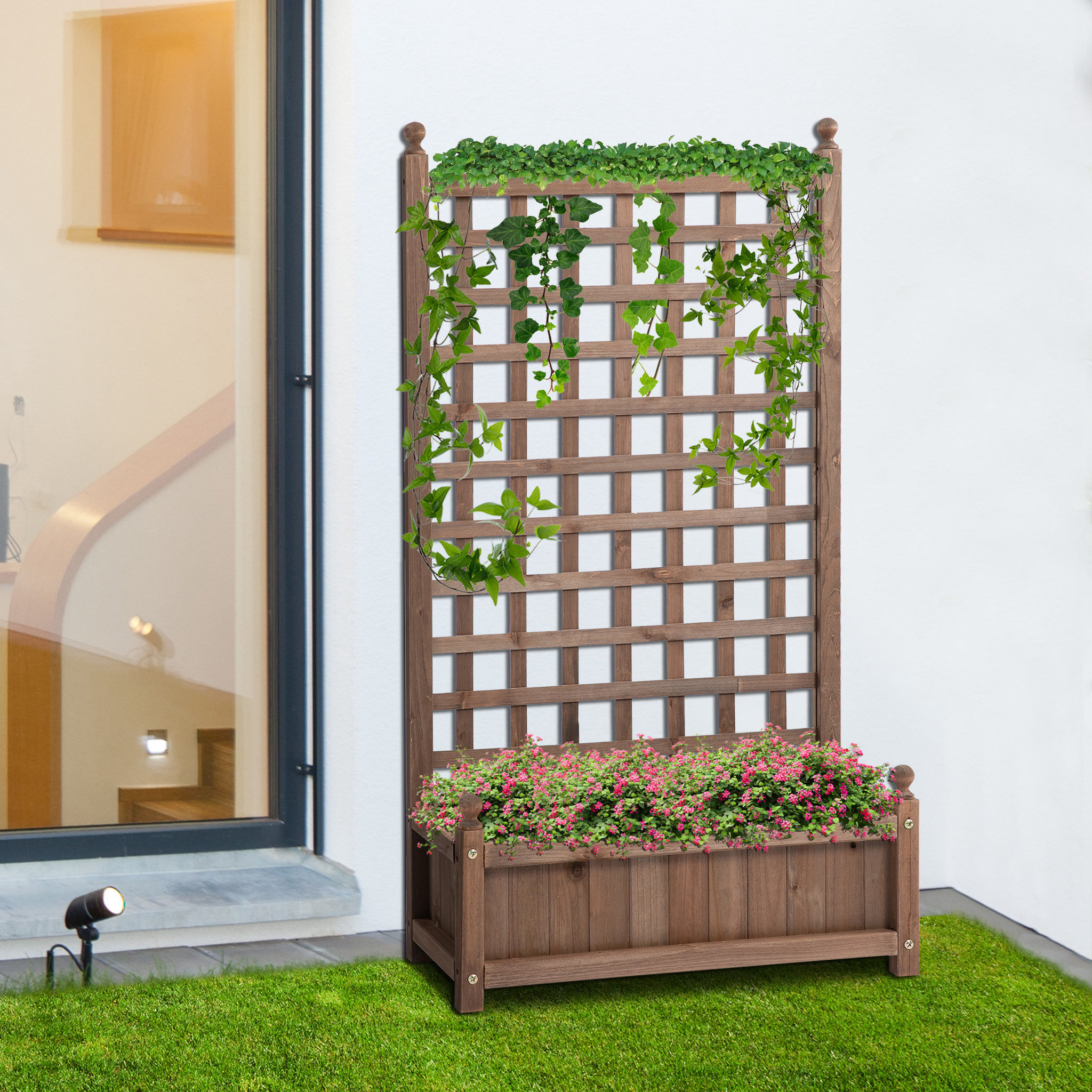 Voir la diapositive 2 : OUTSUNNY Jardinière avec treillis - bac à fleurs - jardinière sur pied - dim. 64L x 28l x 120H cm inserts d'irrigation inclus bois sapin traité