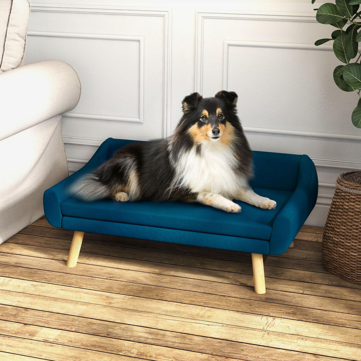 PAWHUT Canapé chien lit pour chien design scandinave - coussin moelleux déhoussable, pieds bois - velours bleu canard
