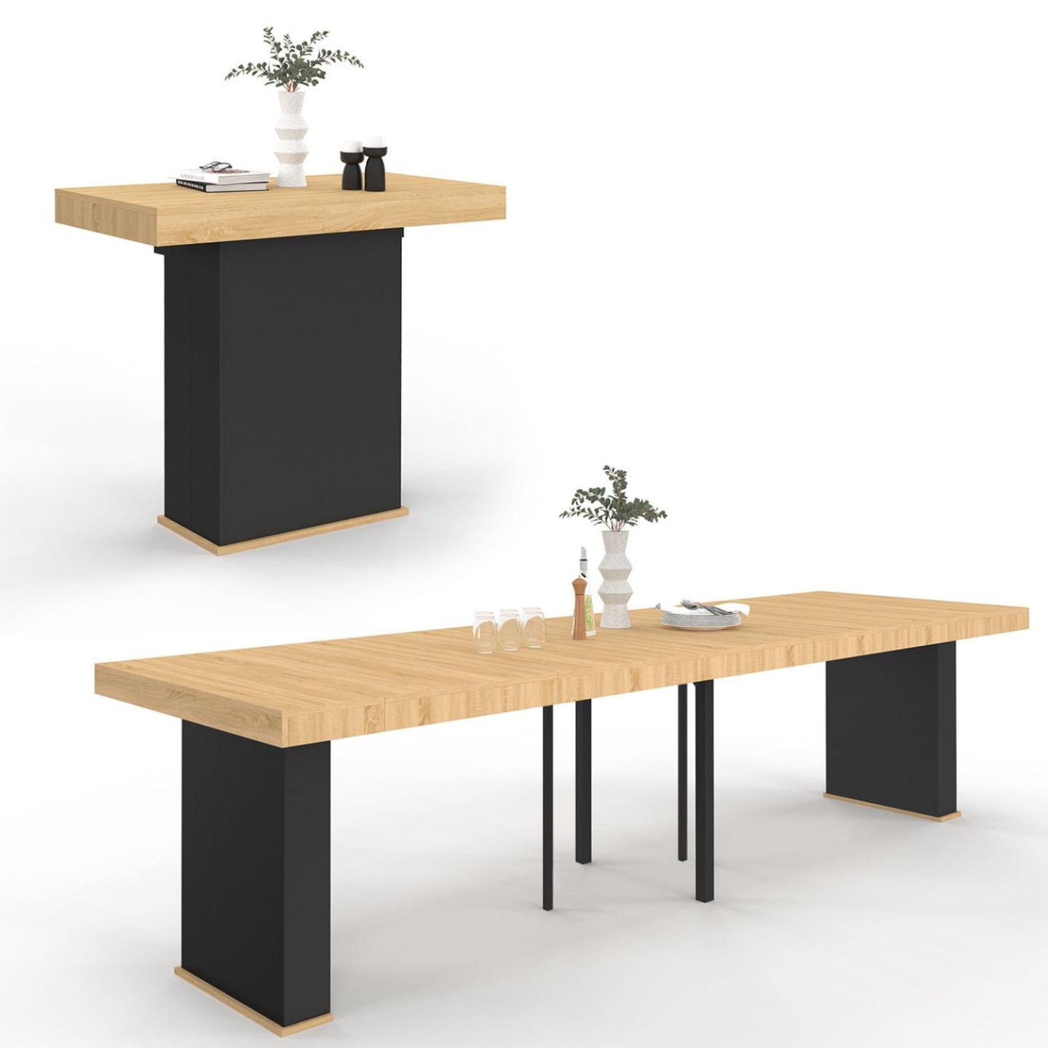 ID MARKET Table console extensible eden 14 personnes 300 cm bois et noir