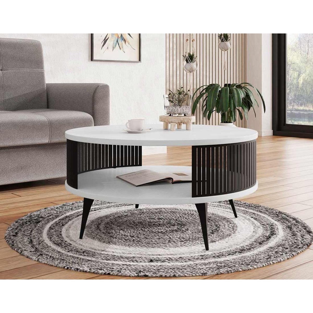 BEST MOBILIER Forini - table basse ronde - blanc et noir - 1 niche - 75 cm