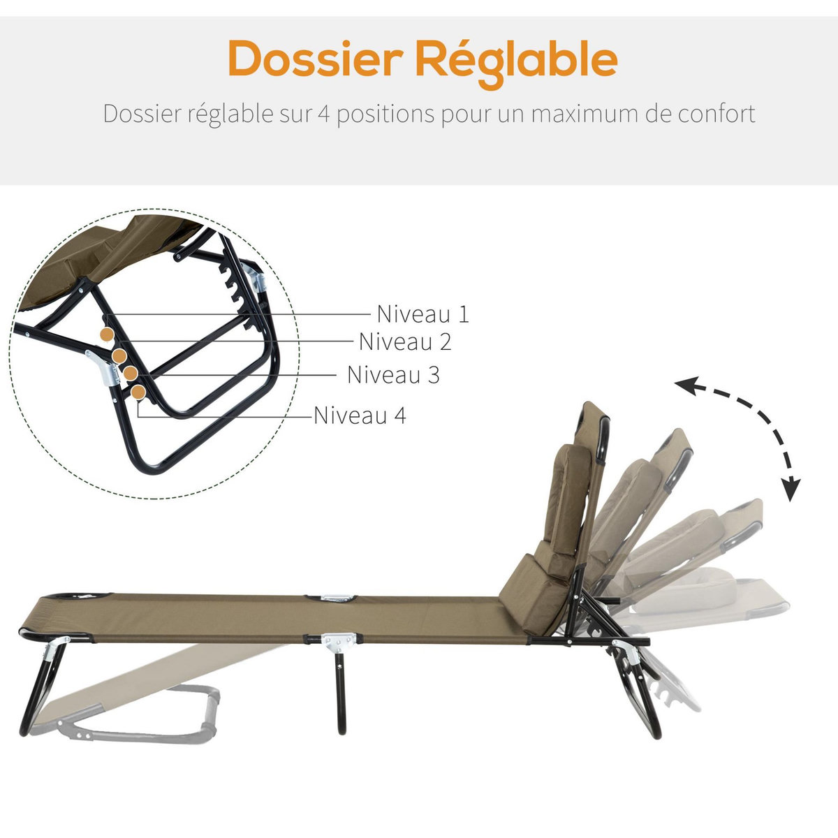 OUTSUNNY Bain de soleil pliable transat inclinable 4 positions chaise longue de lecture 3 coussins fournis marron