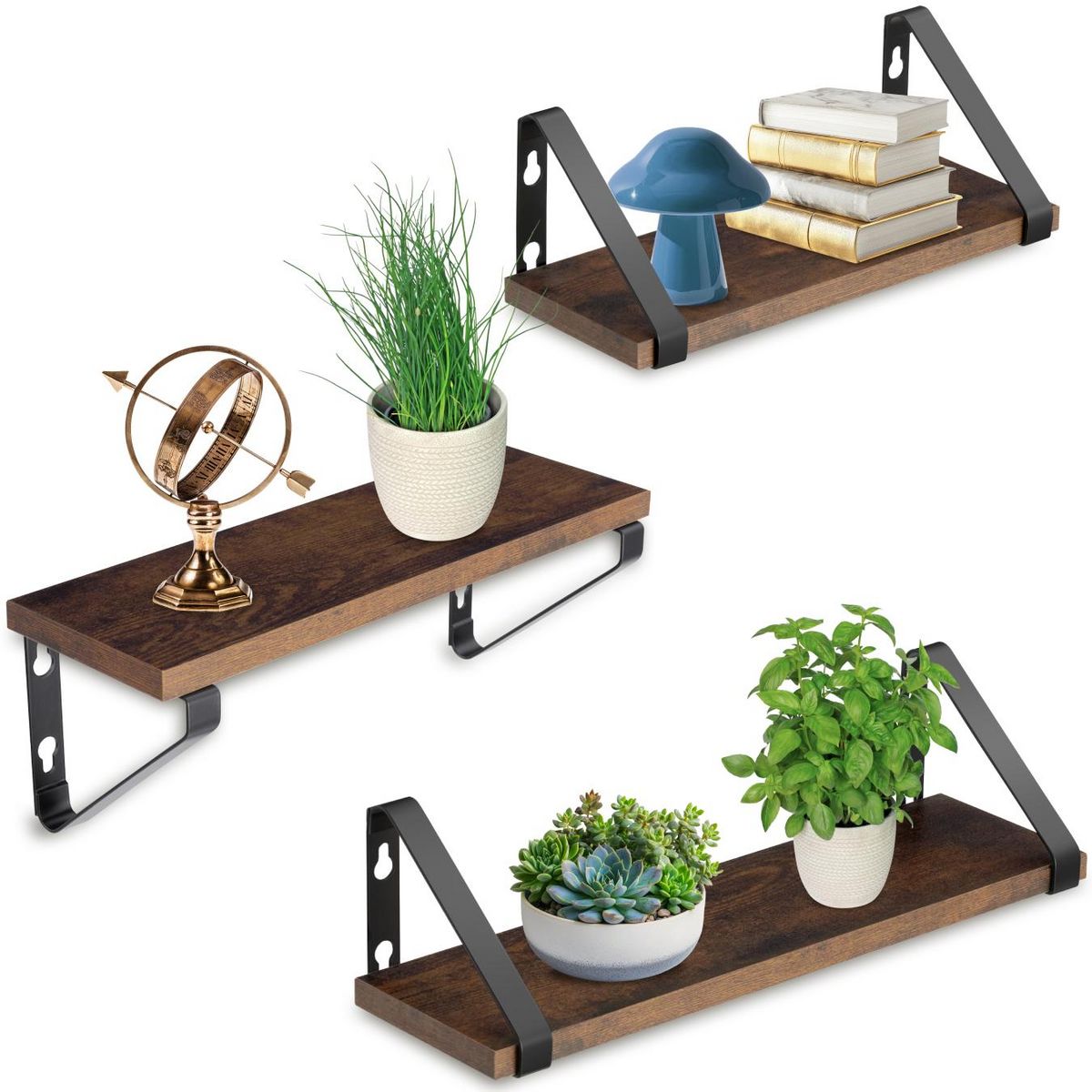 tectake Lot de 3 étagères murales design style industriel Bois foncé industriel, rustique