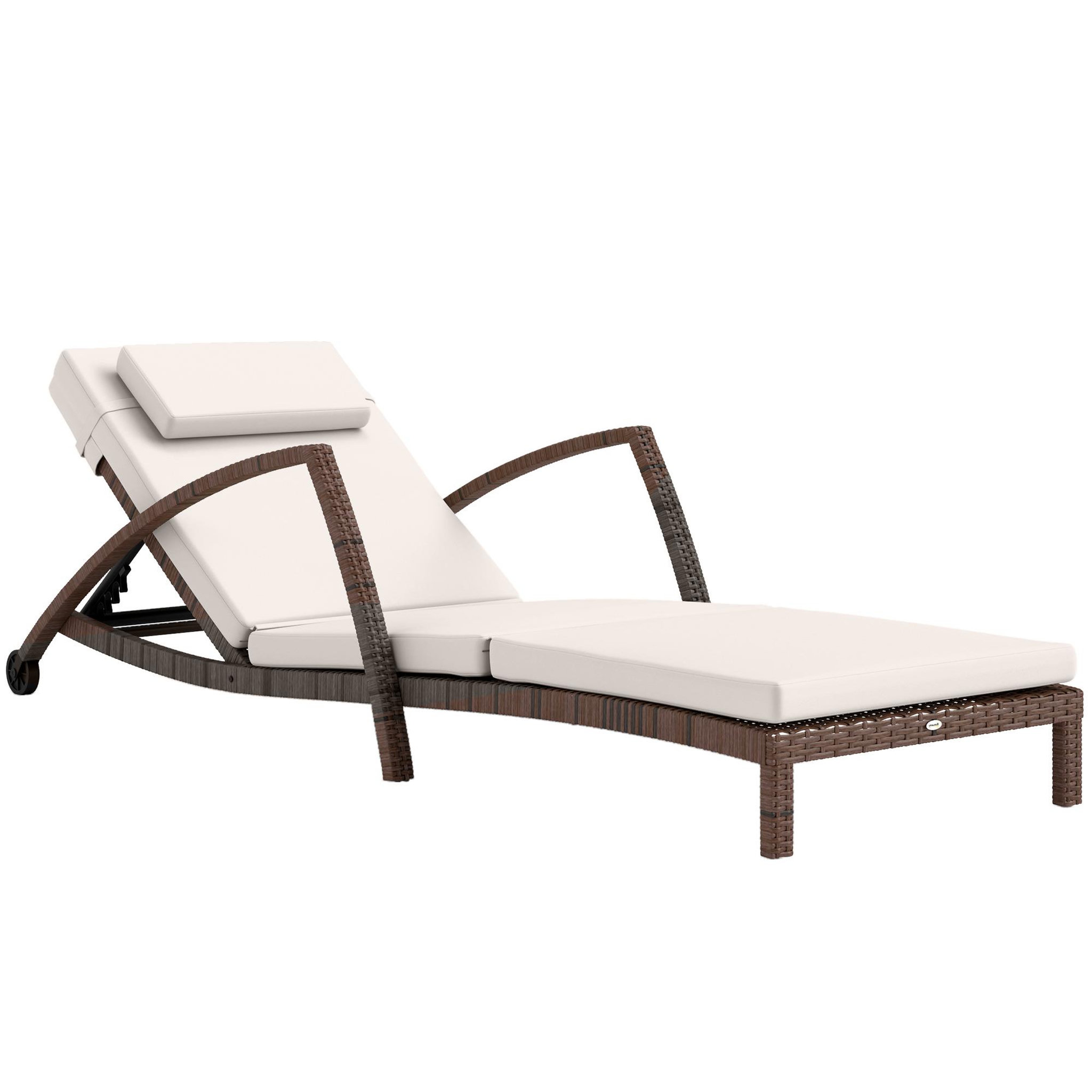 OUTSUNNY Bain de soleil transat style colonial résine tressée - inclinable, 2 roulettes, accoudoirs - matelas tétière beige
