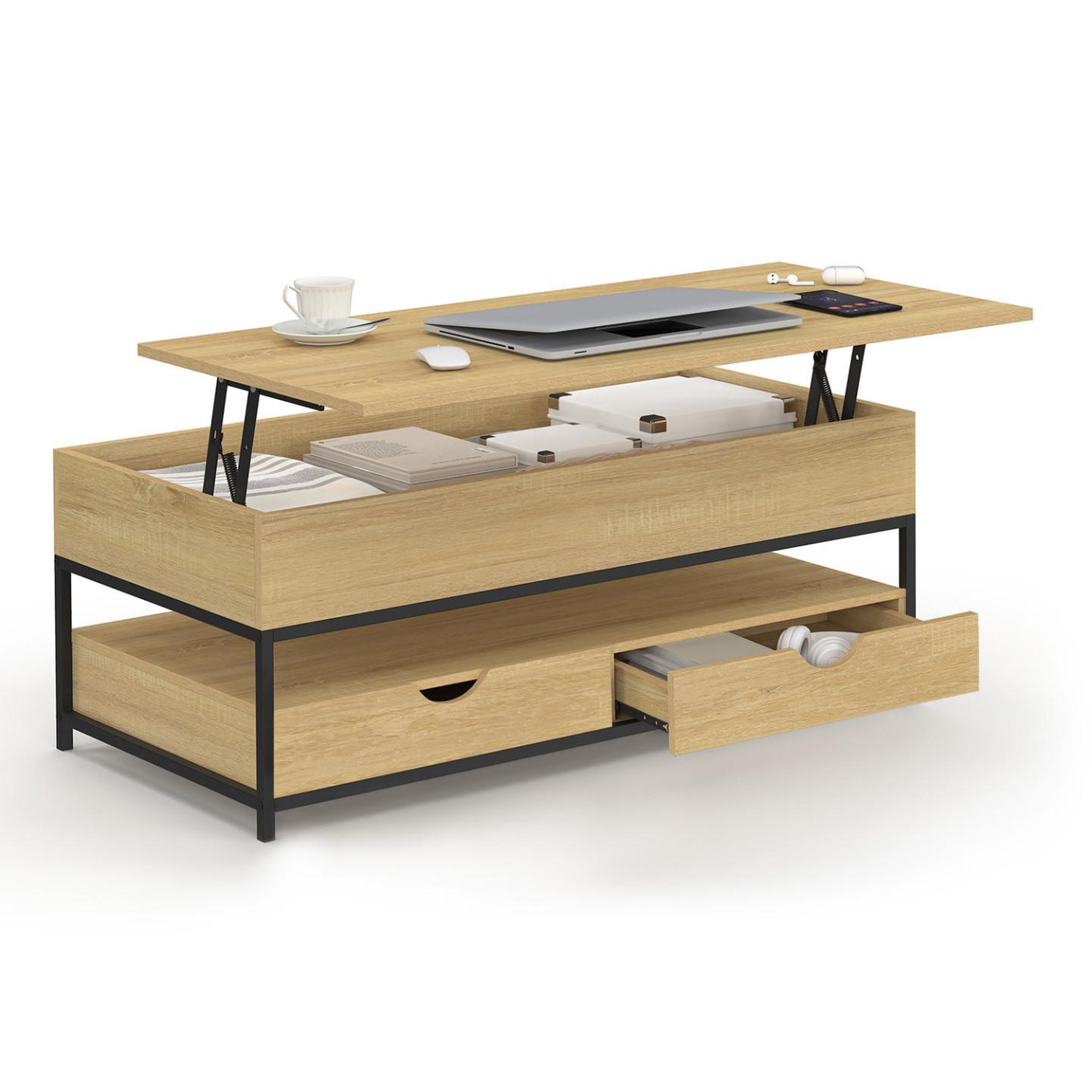 ID MARKET Table basse plateau relevable rectangulaire detroit avec 2 tiroirs design industriel