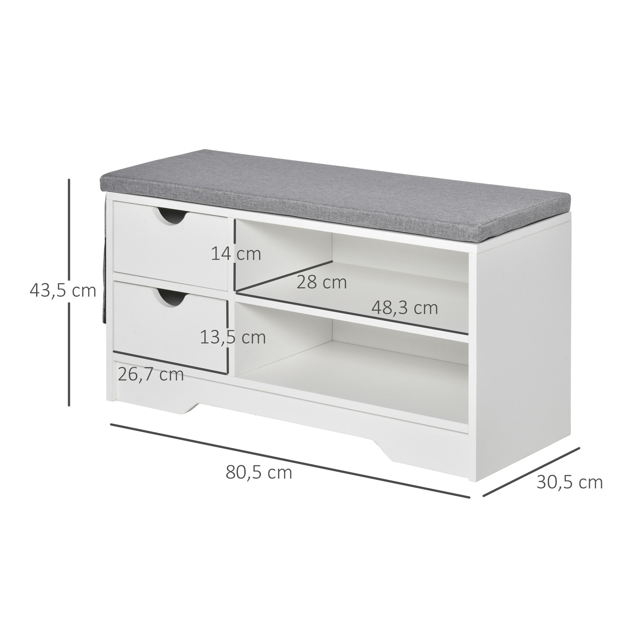 Voir la diapositive 3 : HOMCOM Meuble chaussures et banc à chaussures avec coussin gris 2 étagères et 2 tiroirs MDF 80,5 x 30,5 x 43,5 cm gris et blanc