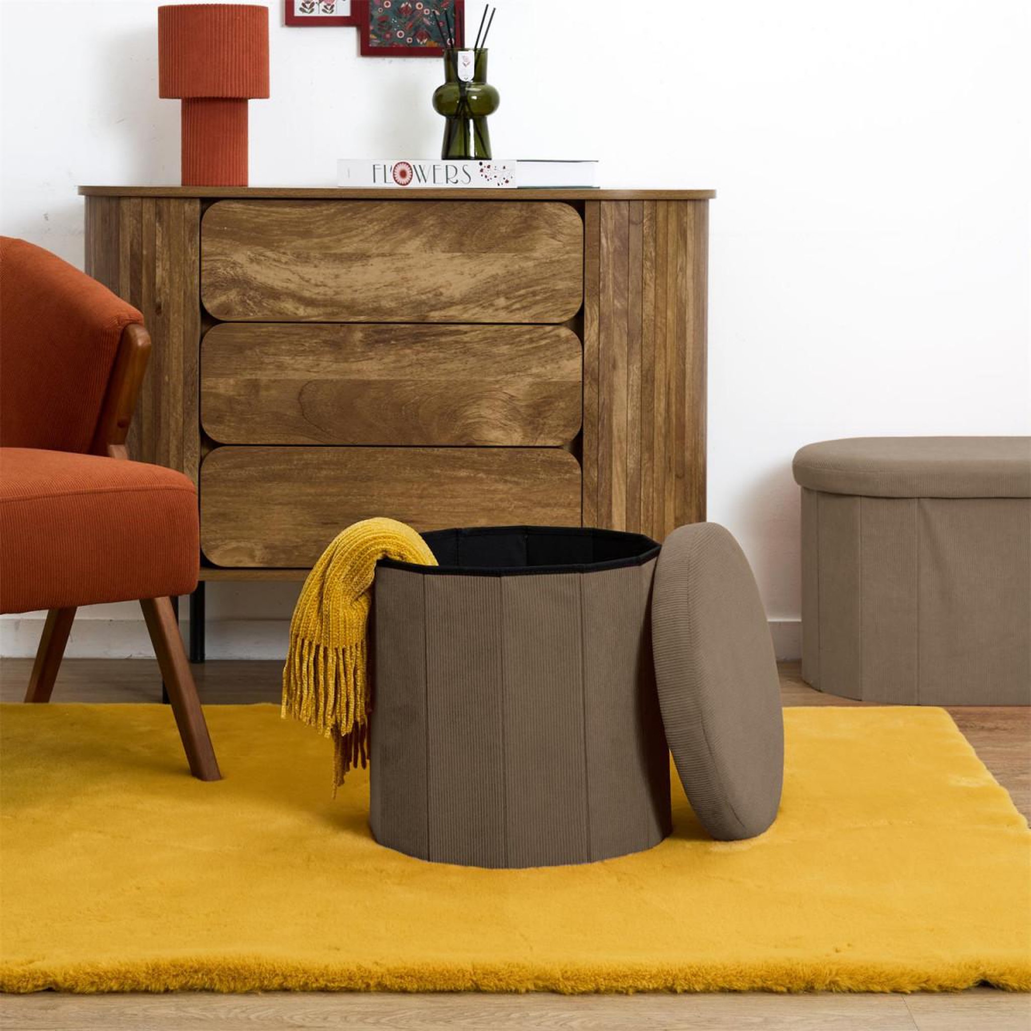 Voir la diapositive 6 : The Home Deco Factory Pouf coffre pliable côtelé  jules  38cm taupe