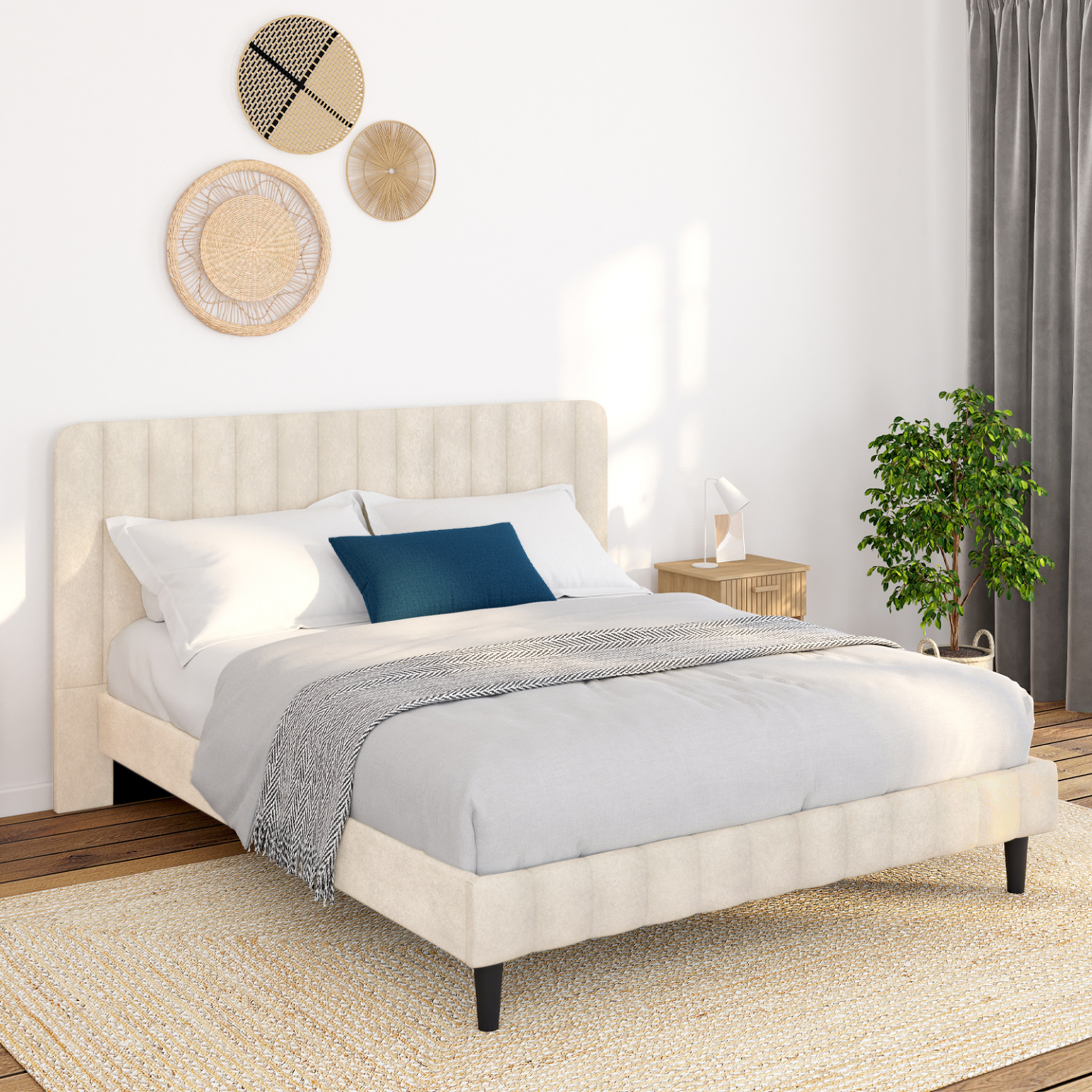 Voir la diapositive 2 : ID MARKET Lit double annie avec tête de lit et sommier 140 x 190 cm velours beige