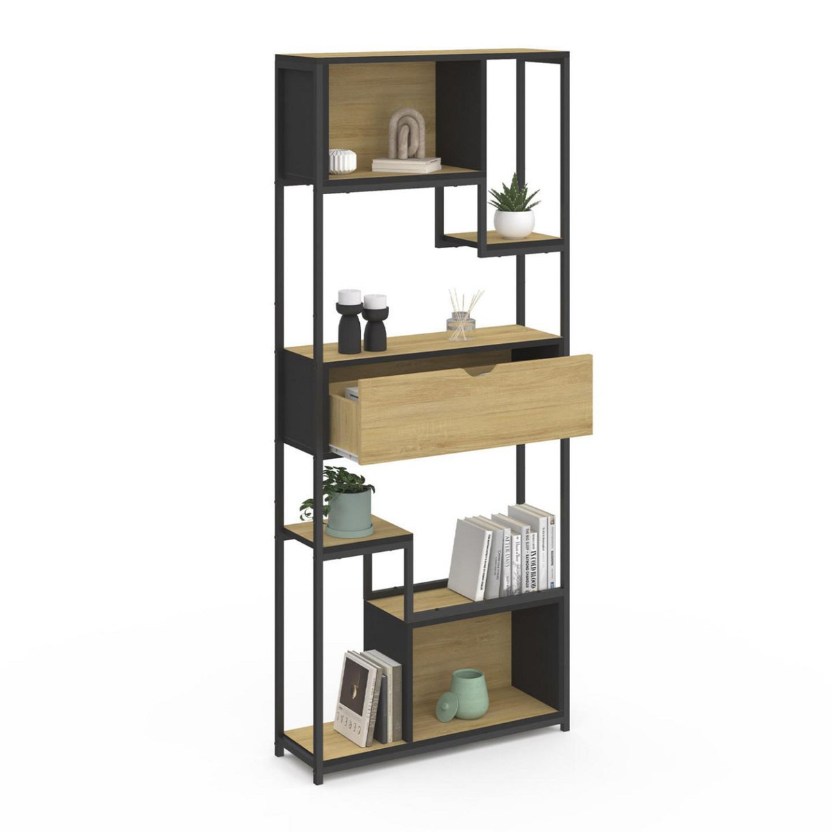 ID MARKET Etagère bibliothèque 6 niveaux asymétrique DETROIT avec tiroir design industriel 161 cm