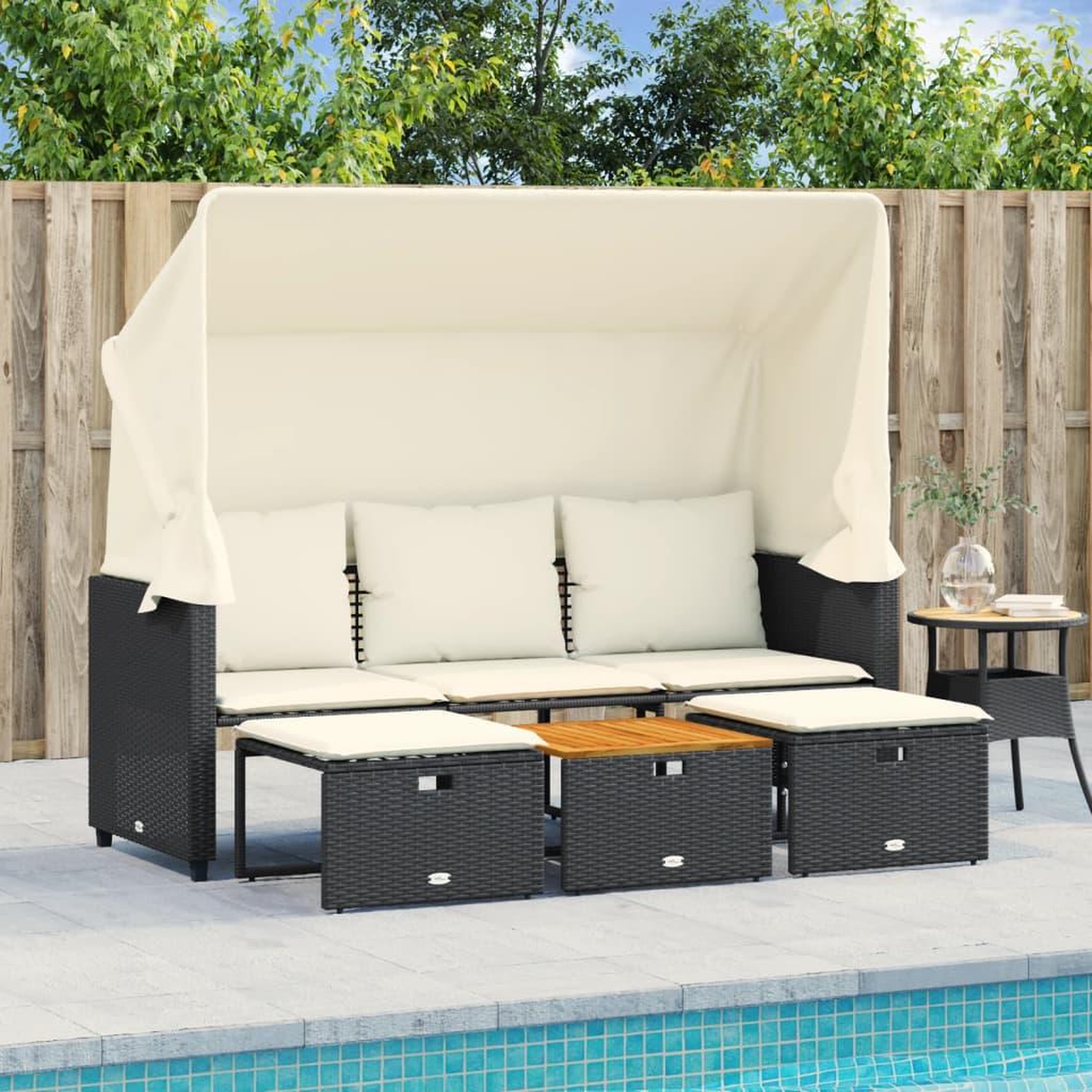 VIDAXL Canape de jardin 3 places avec auvent et tabourets noir rotin