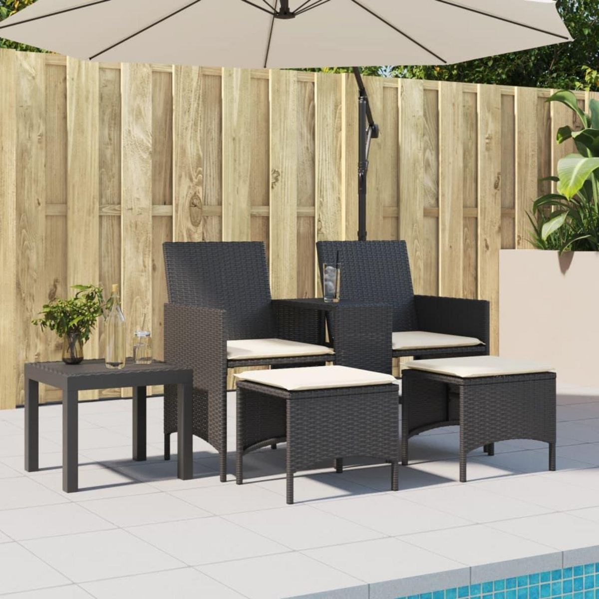 VIDAXL Canape de jardin 2 places avec table et tabourets noir rotin
