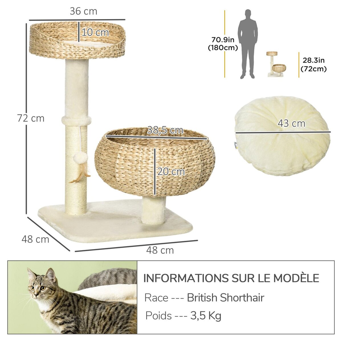 PAWHUT Arbre à chat griffoir 2 niveaux hauteur 72 cm poteau sisal avec niche et plate-forme 1 balle suspendue beige