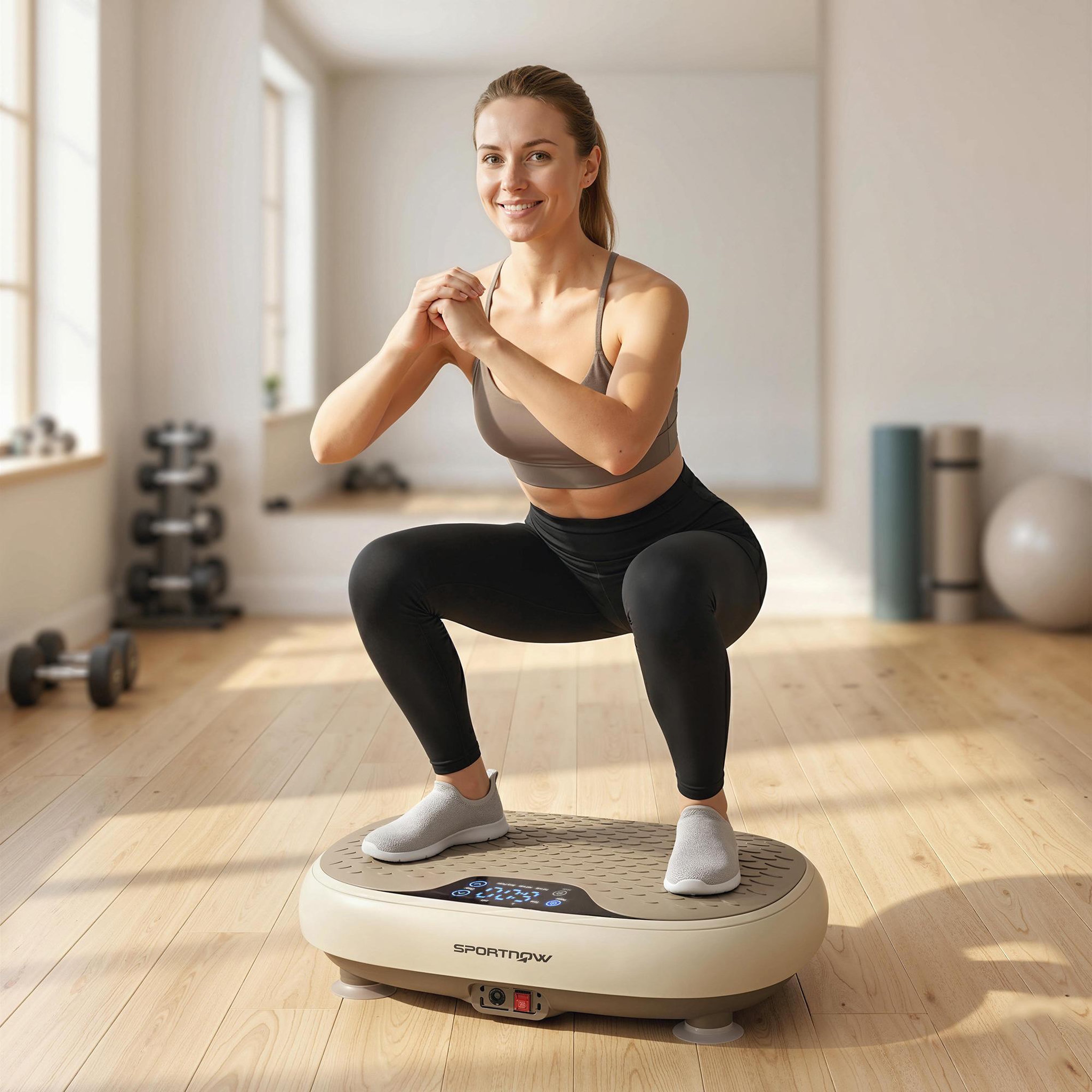 Voir la diapositive 6 : HOMCOM Plateforme vibrante oscillante 20 niveaux d'intensité 3 prog. Écran led télécommande beige