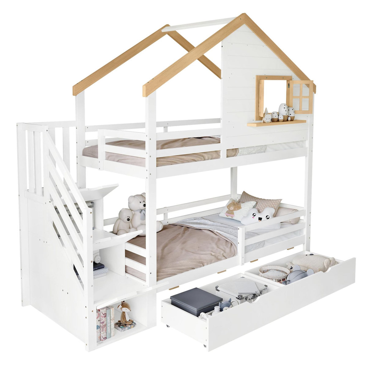 MERAX Lit superposé 90x200cm coloris blanc+naturel pin et mdf