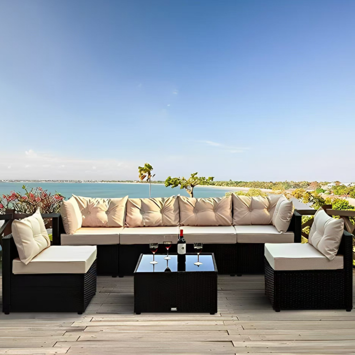 CONCEPT USINE Salon de jardin modulable 6 places en résine tressée - noir NACULA