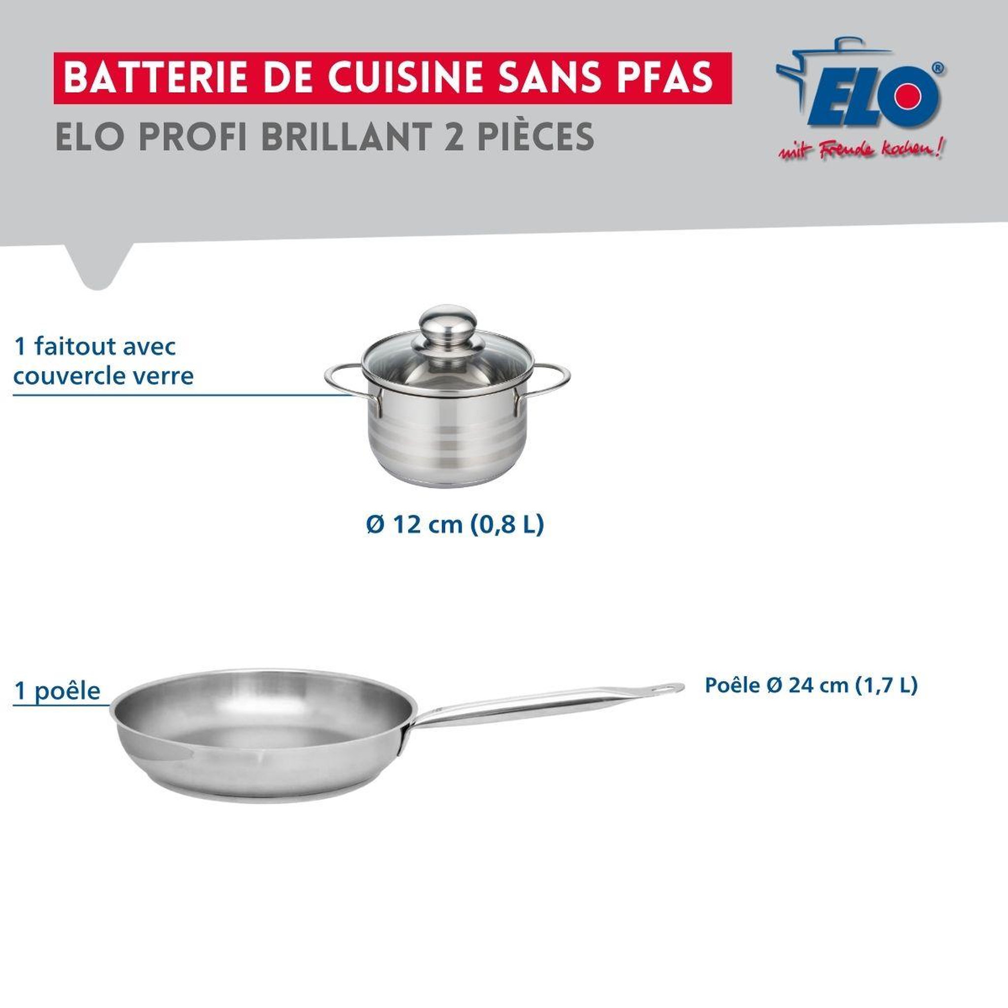 Voir la diapositive 2 : ELO Ensemble de 1 poêle de cuisson 24 cm et 1 faitout 12 cm elo profi brillant