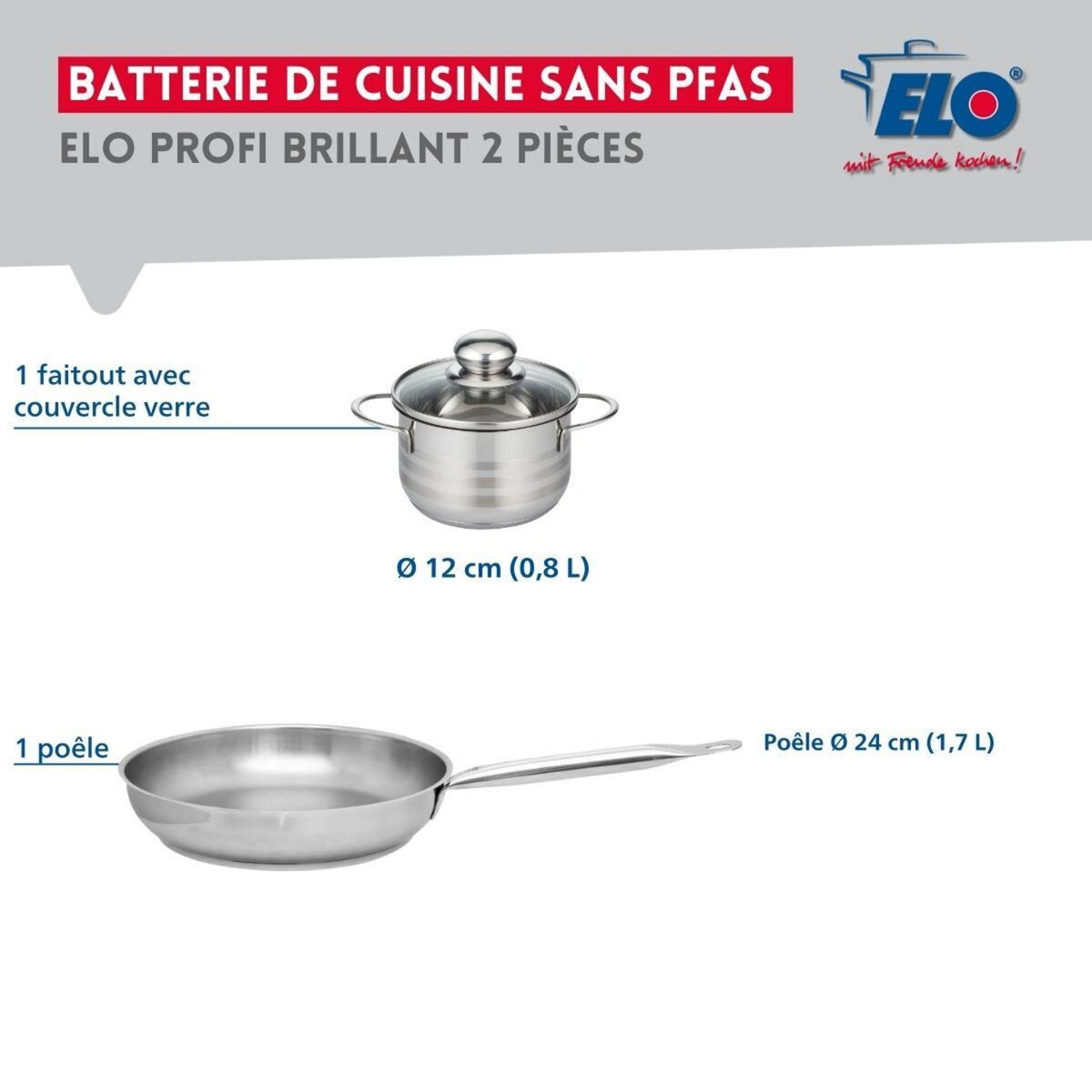 ELO Ensemble de 1 Poêle de cuisson 24 cm et 1 faitout 12 cm Elo Profi Brillant