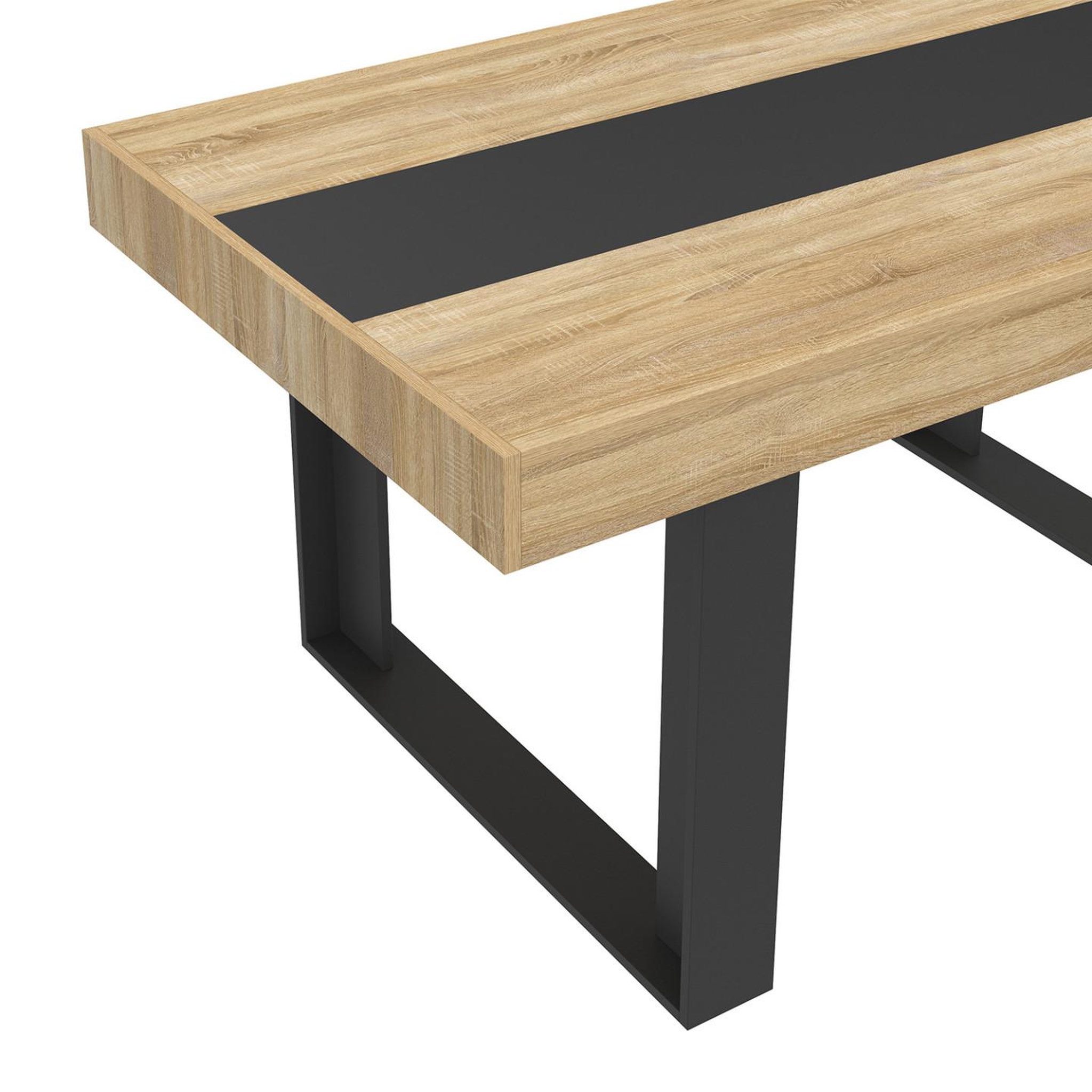 Voir la diapositive 6 : ID MARKET Ensemble table à manger rectangle phoenix bois et noir bande centrale noire 160 cm et 6 chaises romane noires bandeau blanc