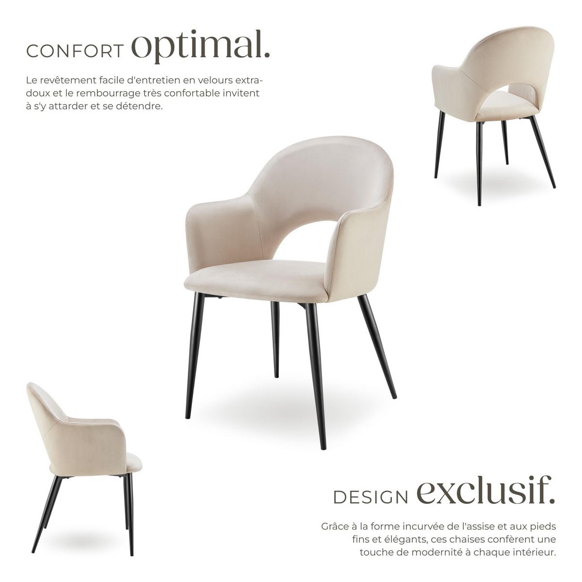 tectake Fauteuil en velours et rembourré crème Lot de 6