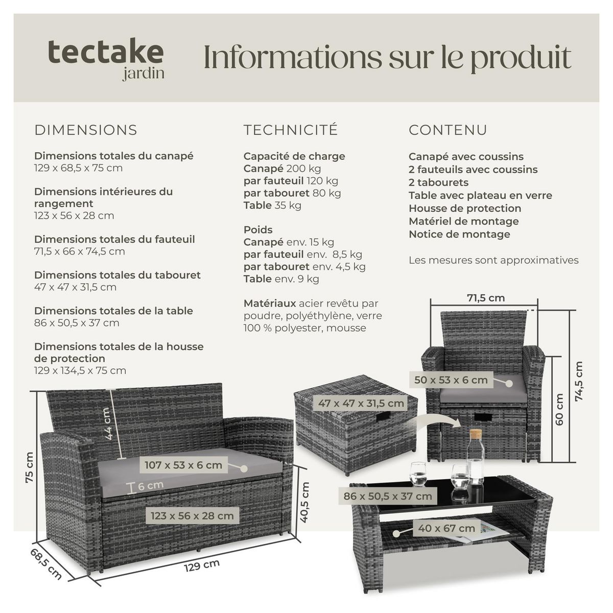 tectake Salon de jardin pour 4 à 6 personnes gris