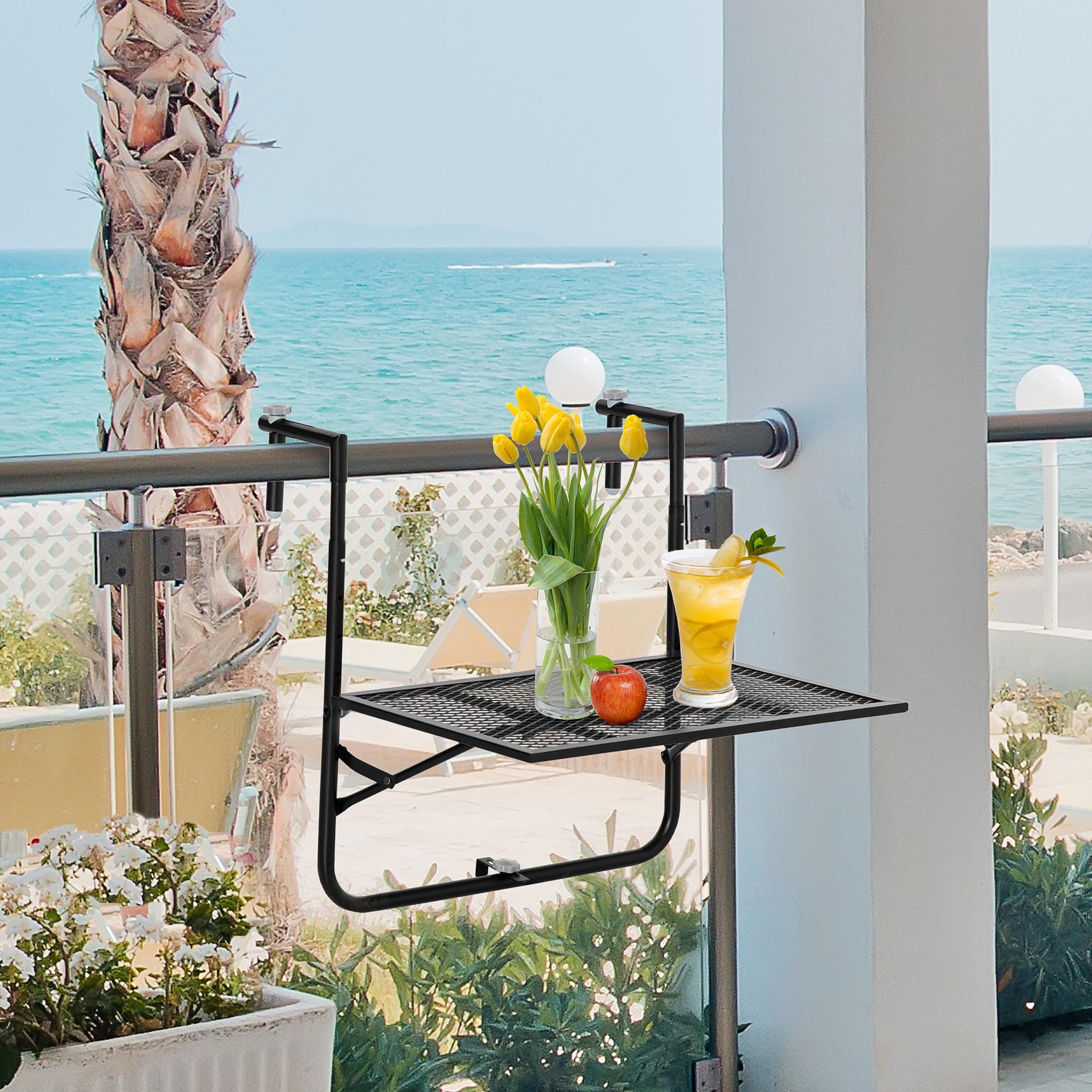 Voir la diapositive 2 : OUTSUNNY Table suspendue de balcon pliable dim. plateau 60L x 40l cm hauteur réglable 57-72H cm métal époxy noir