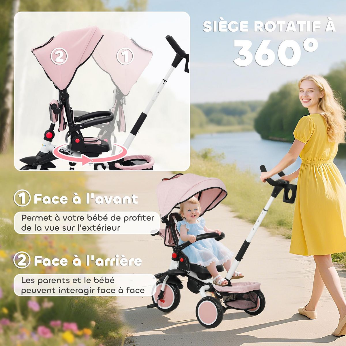 HOMCOM Tricycle évolutif pliable réglable 6 en 1 rose