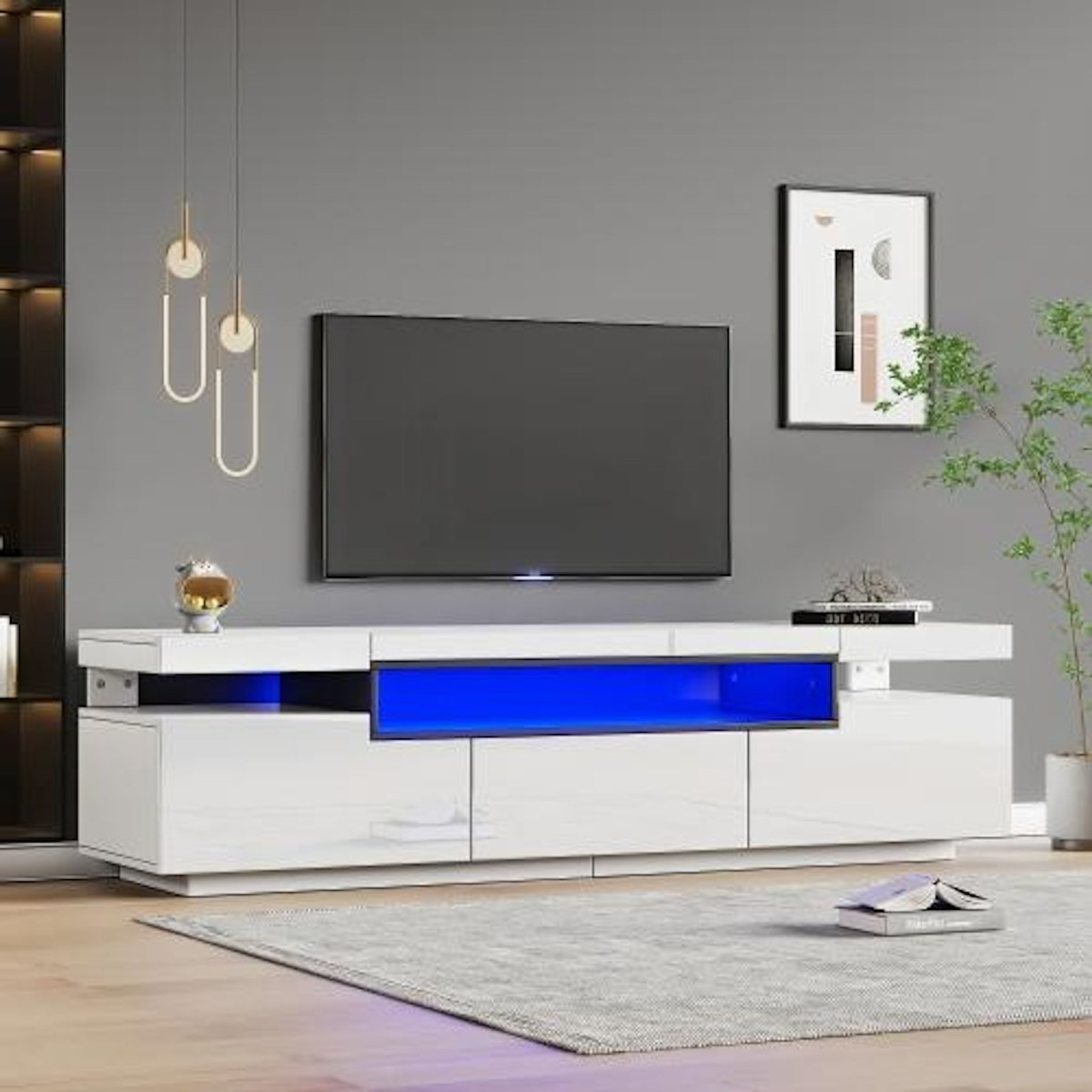 MERAX Meuble tv blanc 160 cm led panneau de particules