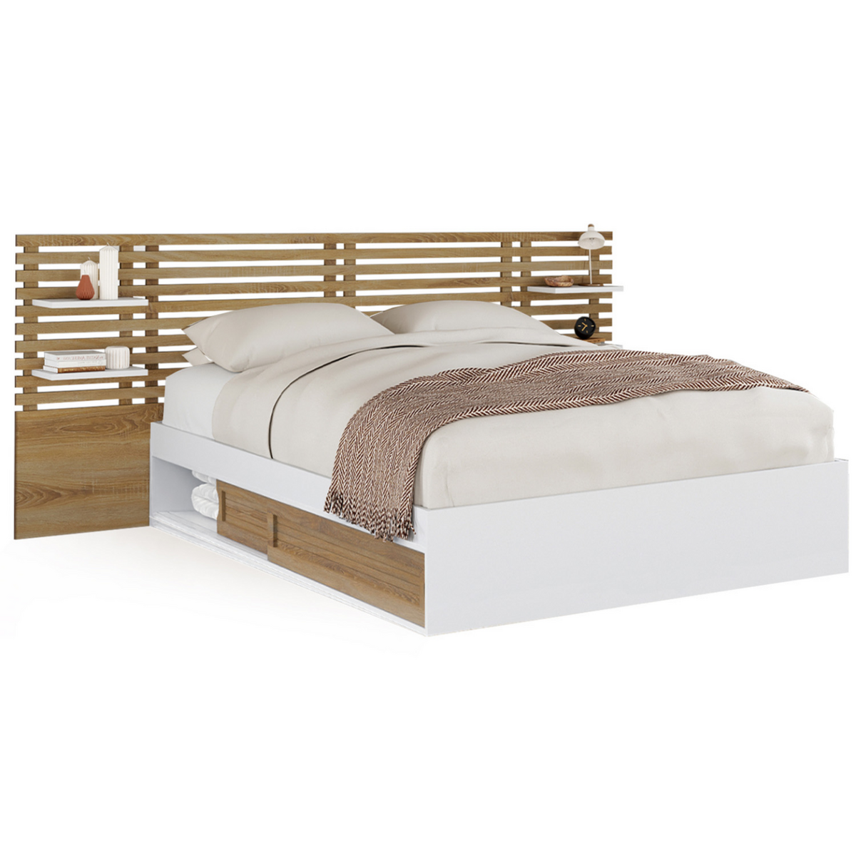 ID MARKET Lit double SAVANA avec tête de lit, chevets, rangements et sommier 140 x 190 cm hêtre et portes blanches