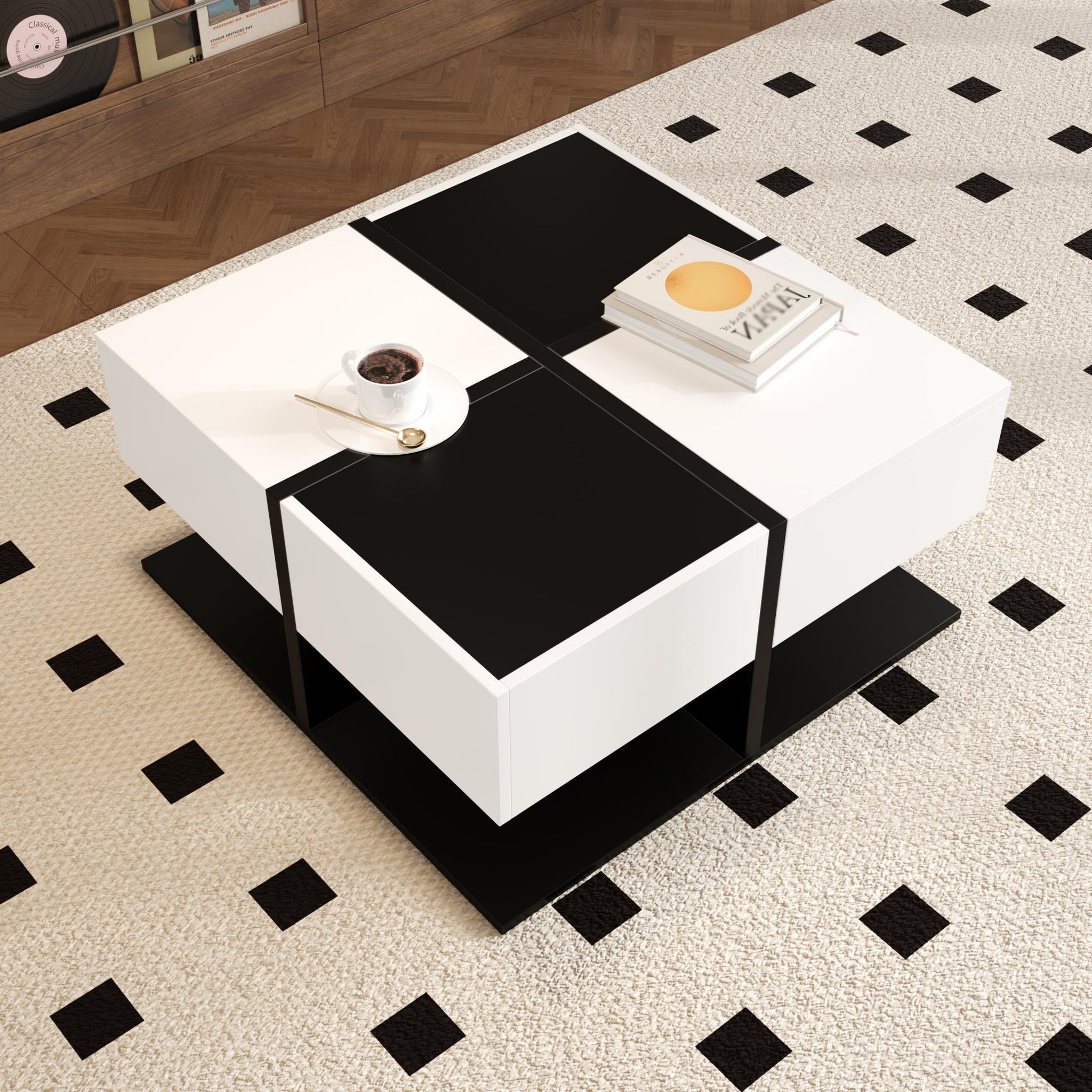 Voir la diapositive 2 : MERAX Table basse carrée noir+blanc avec 2 tiroirs - 70x70 cm panneau de particules