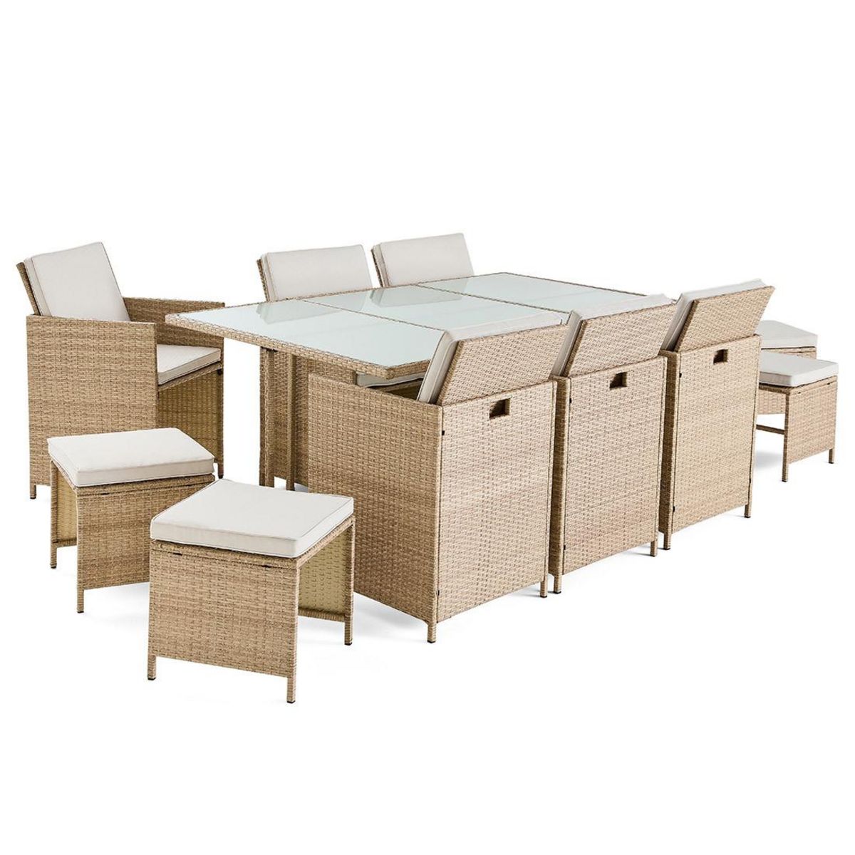 BEST MOBILIER Fira – salon de jardin encastrable en résine tressée beige - 10 places - coussins beige + housse de protection