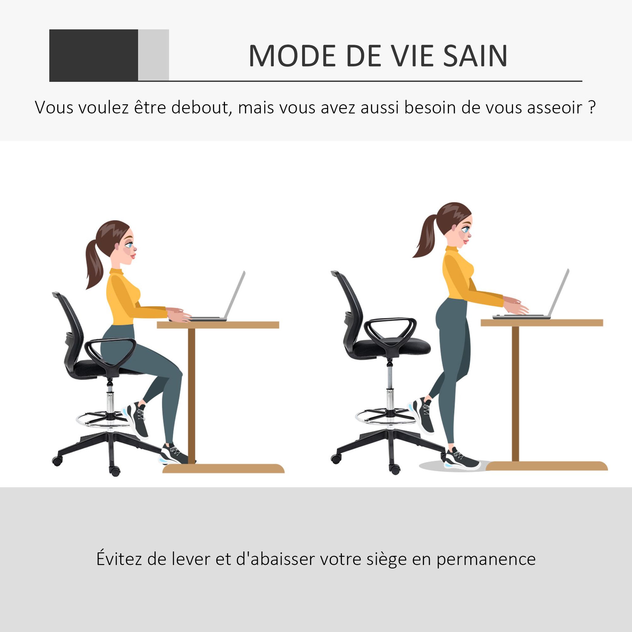 Voir la diapositive 5 : VINSETTO Chaise de bureau assise haute réglable dim. 59L x 60l x 102-126H cm pivotant 360° tissu maille respirante noir