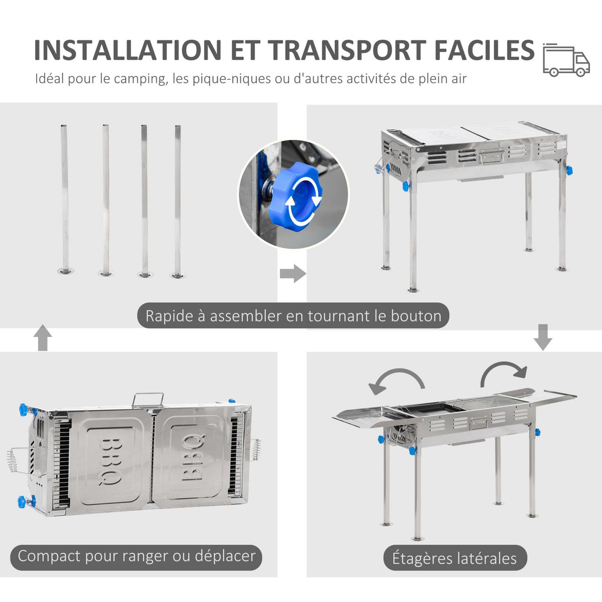 OUTSUNNY Barbecue à charbon pliable portable réglable BBQ grill sur pied avec tablettes rabattables, grille, plaque teppanyaki, pinces, récupérateur cendres acier inox.