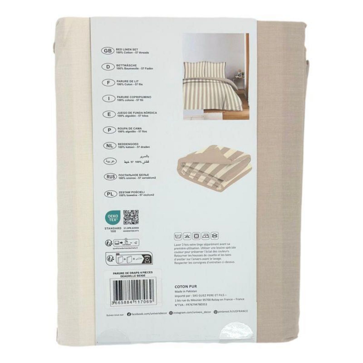 COTON PUR Parure de draps 4 pièces pour lit 140 x 190 cm Deauville beige