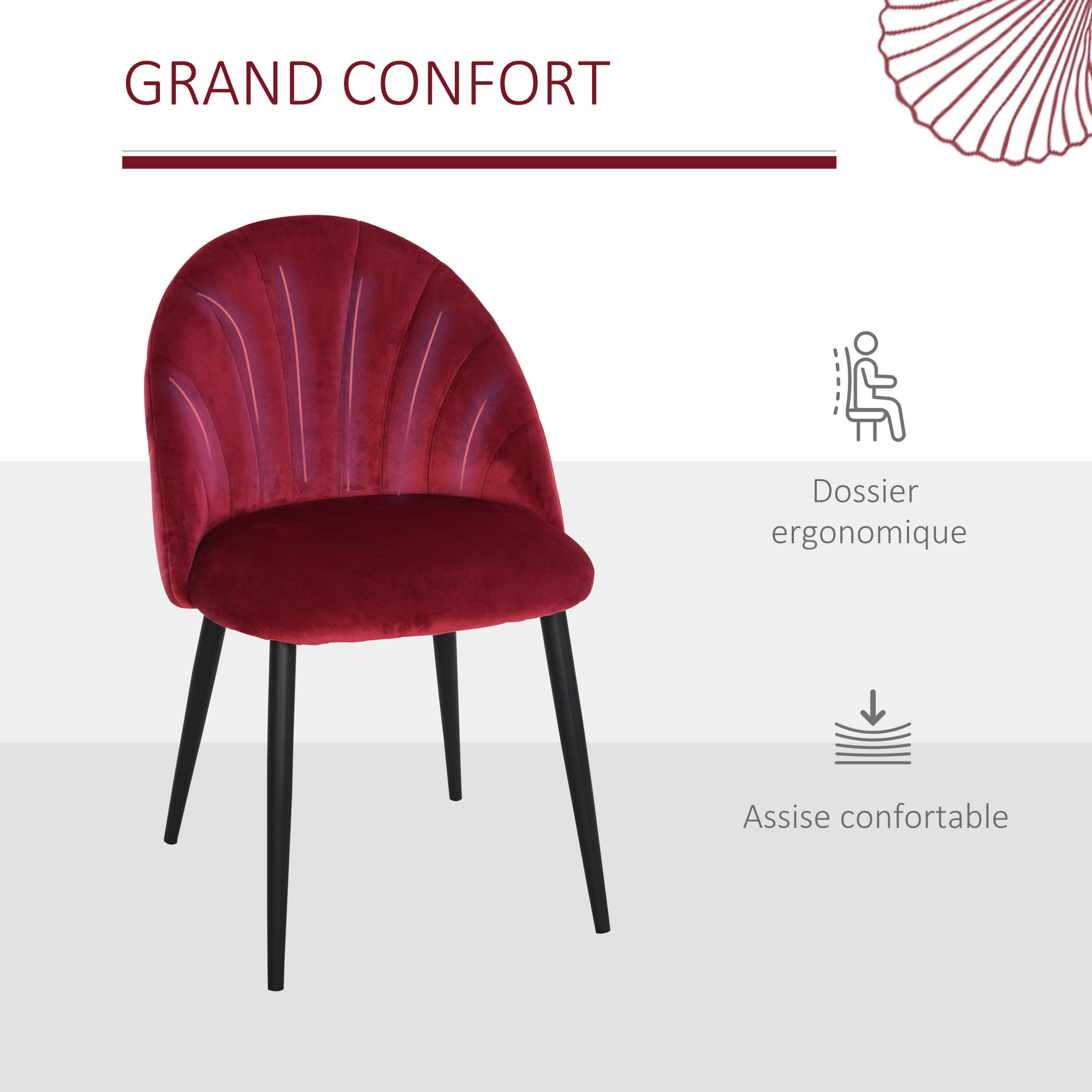 Voir la diapositive 5 : HOMCOM Lot de 2 chaises velours bordeaux pieds métal noir dim. 52L x 54l x 79H cm