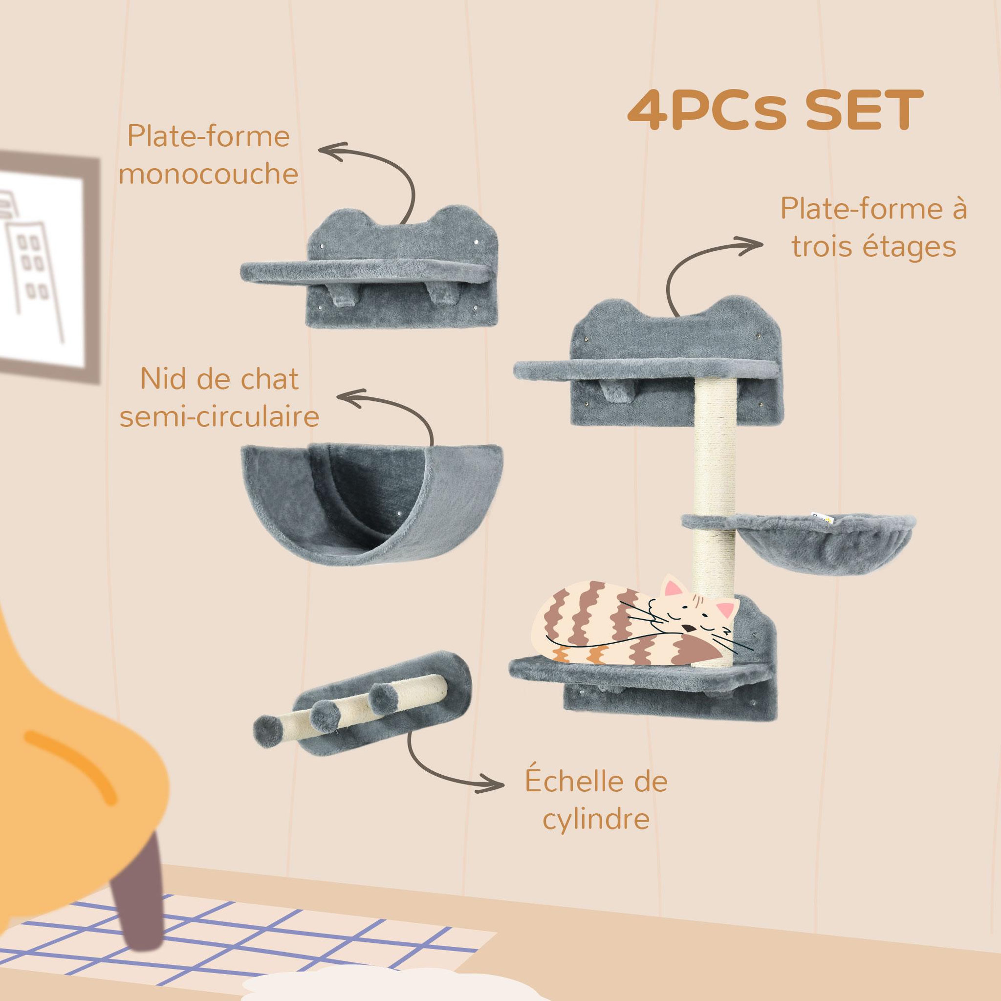 Voir la diapositive 5 : PAWHUT Mur d'escalade pour chat - arbre à chat design mural - griffoirs, plateformes, 2 paniers, échelle - sisal peluche gris