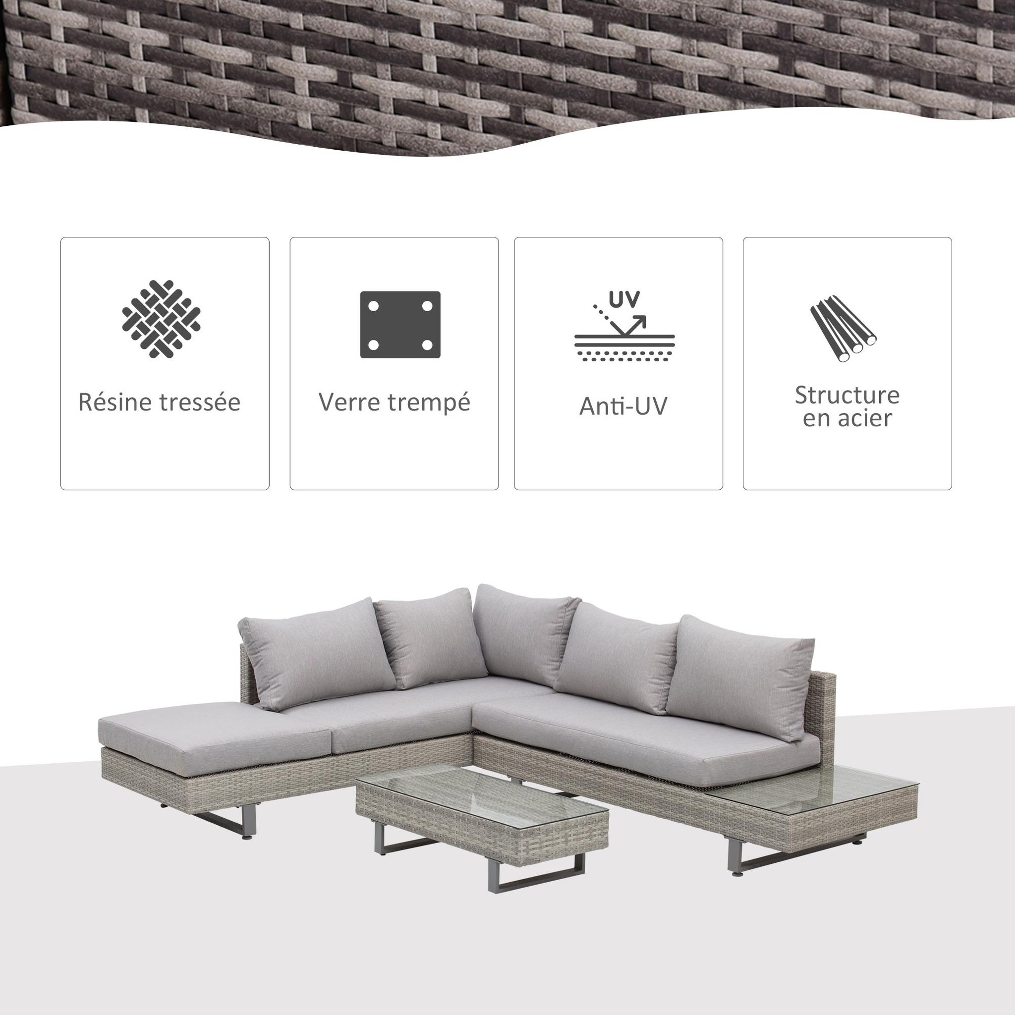 Voir la diapositive 6 : OUTSUNNY Ensemble salon de jardin d'angle 5 places design contemporain coussins déhoussables table basse acier époxy résine tressée grise