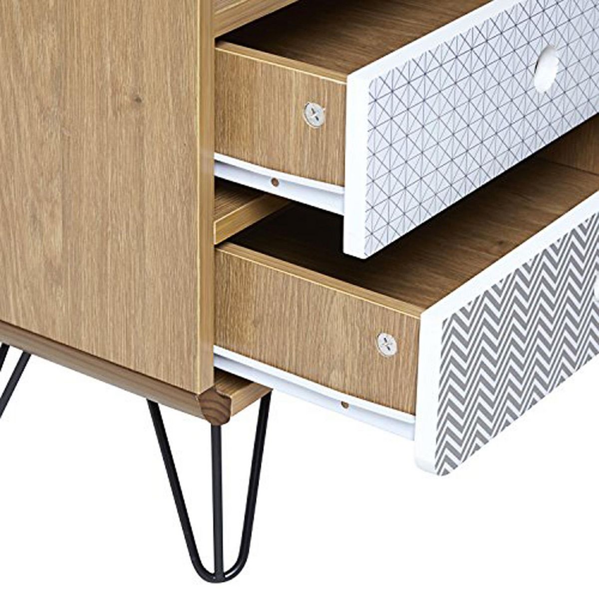 VS VENTA-STOCK Table Chevet Buda 2 Tiroirs, Couleur chêne, Jambes en métal en Noir