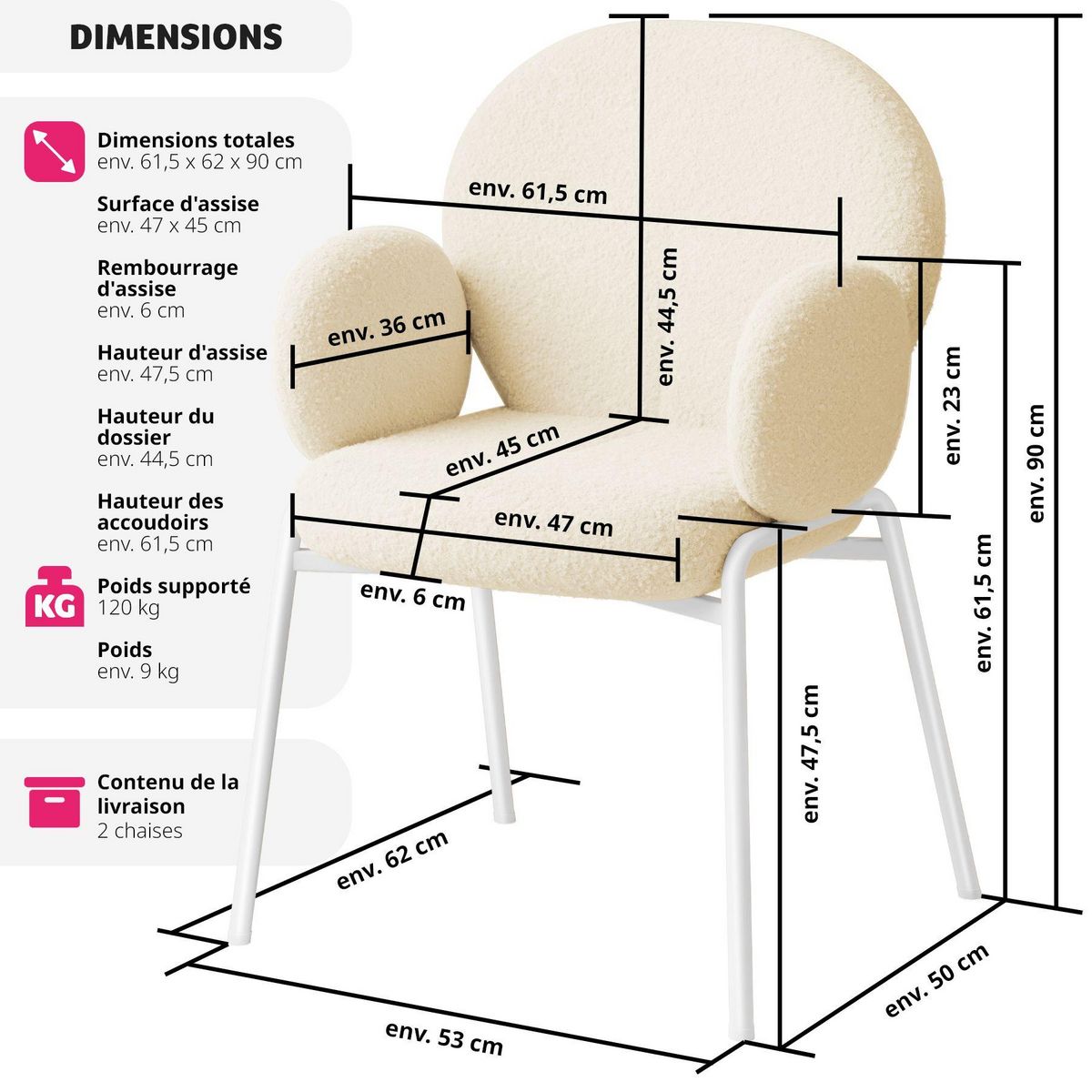 tectake Chaise rembourrée avec revêtement en tissu bouclette crème Lot de 2