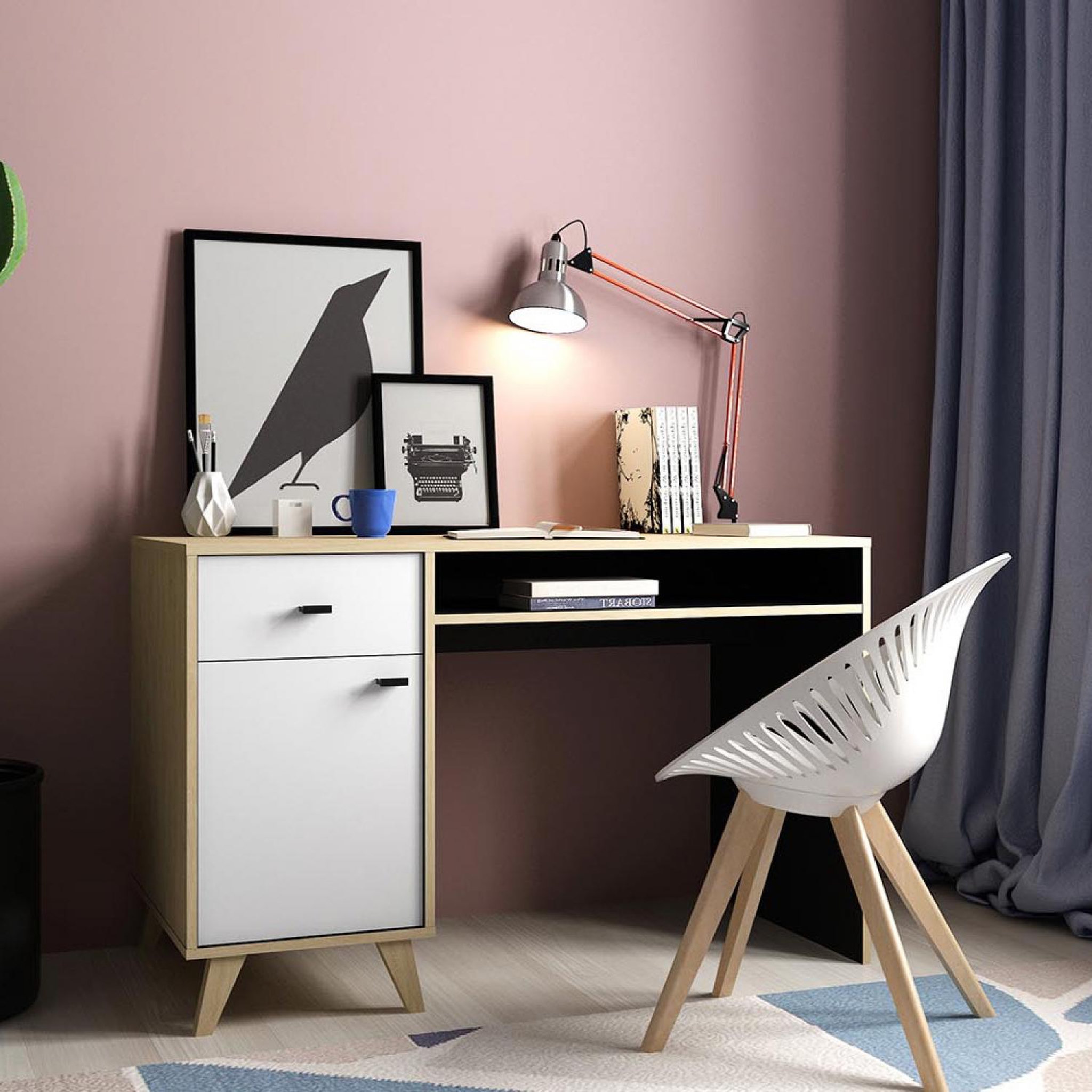 Voir la diapositive 2 : CONCEPT USINE Bureau avec tiroir et placard en bois LEIRA
